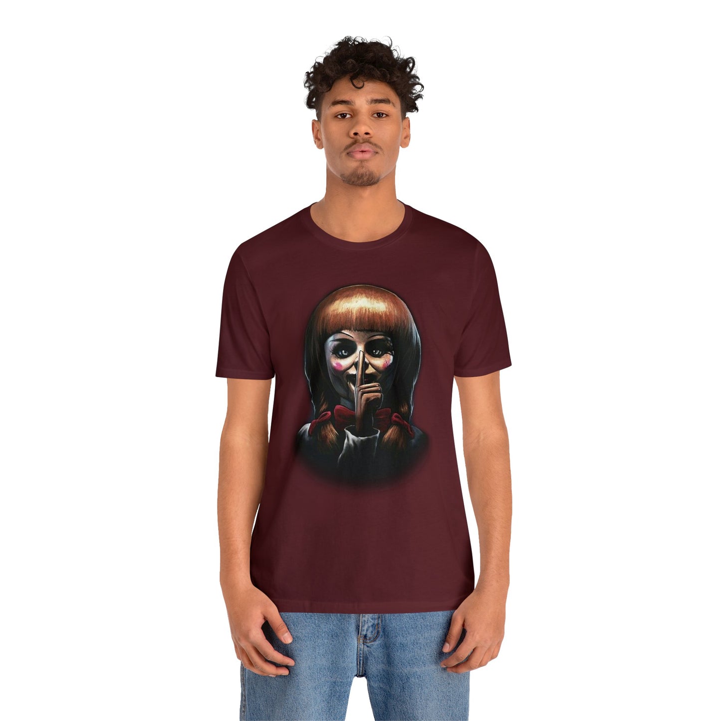 Halloween Annabelle Short Sleeve T-Shirt - Creepy Doll Horror Movie Tee, Haunting Graphic Shirt