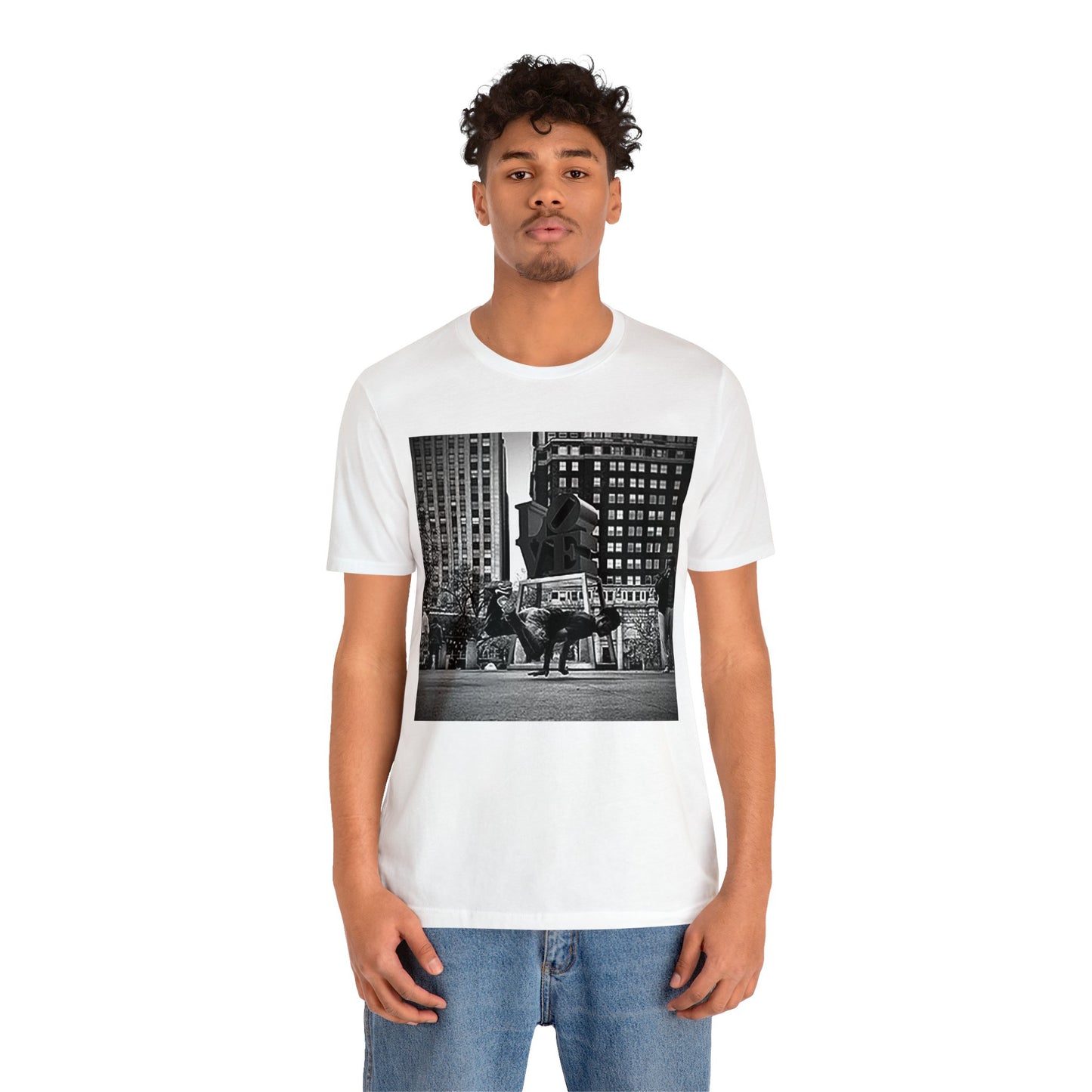 Retro Breakdancer at Love Park Statue 2000s Short Sleeve T-Shirt - Vintage Urban Dance Tee, Street Style Graphic Shirt