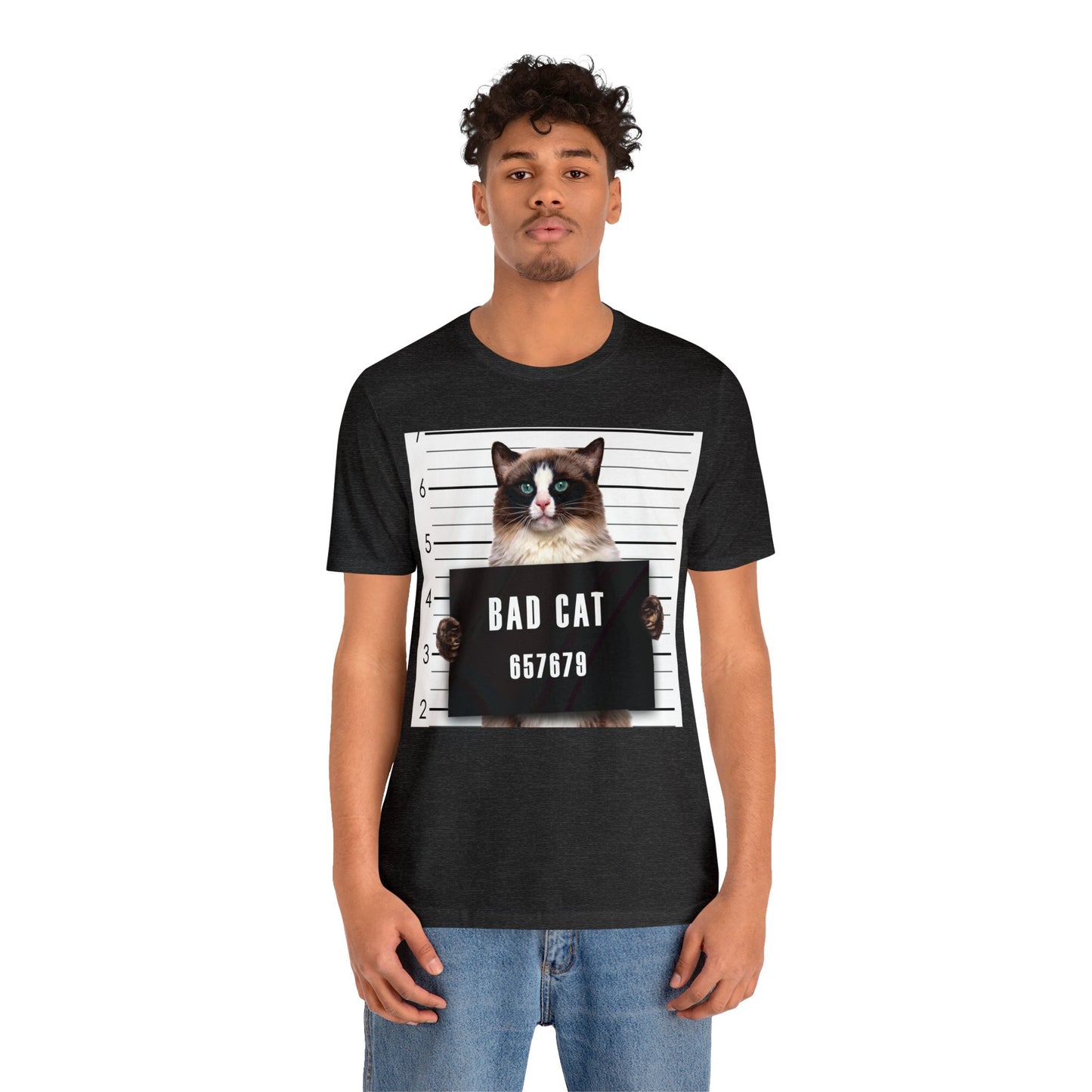 Bad Cat Mugshot Short Sleeve T-Shirt - Funny Cat Lover Tee, Playful Feline Graphic Shirt