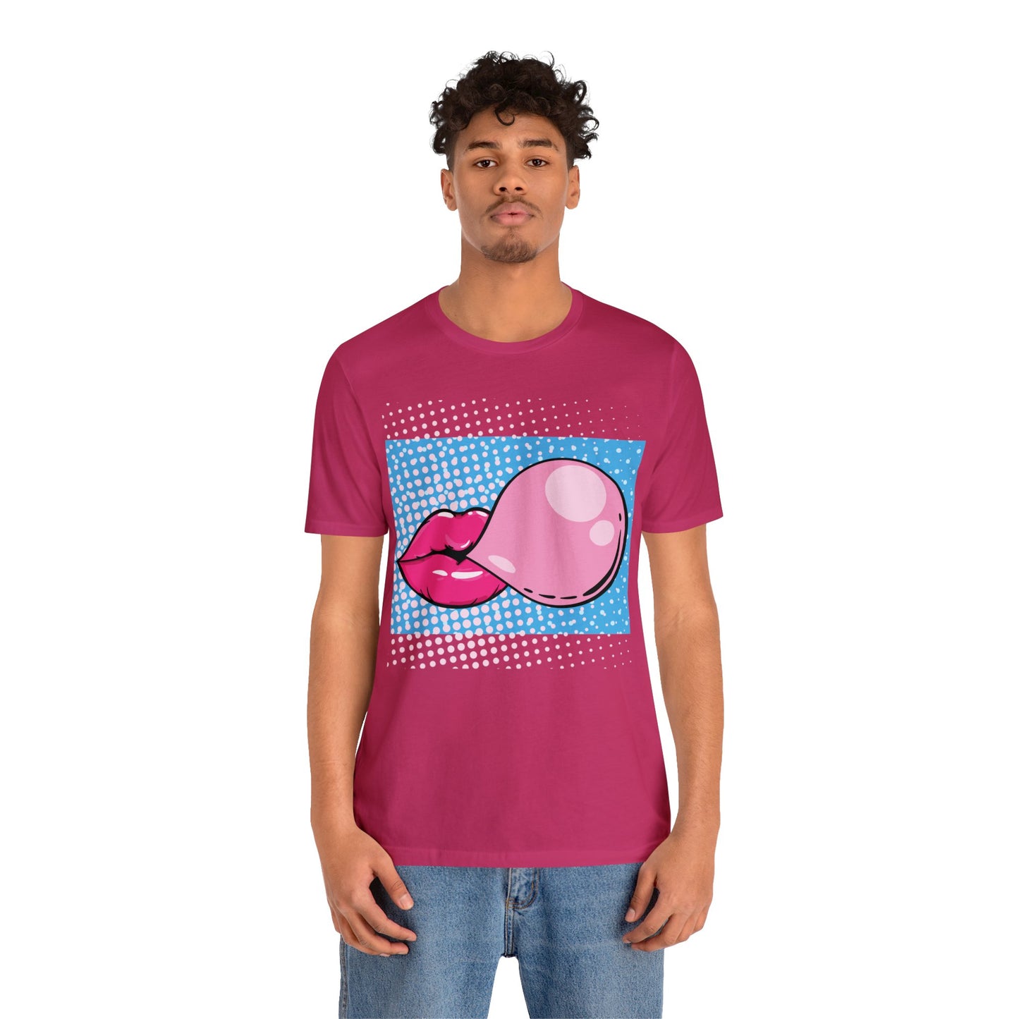 Pop Art Lips Blowing Bubble Short Sleeve T-Shirt - Colorful Graphic Tee, Retro Style Fashion Shirt