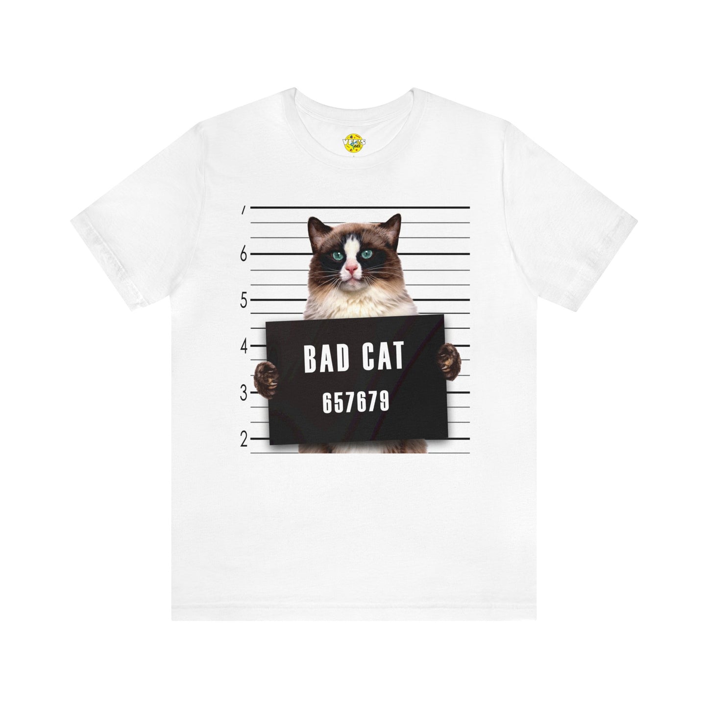 Bad Cat Mugshot Short Sleeve T-Shirt - Funny Cat Lover Tee, Playful Feline Graphic Shirt