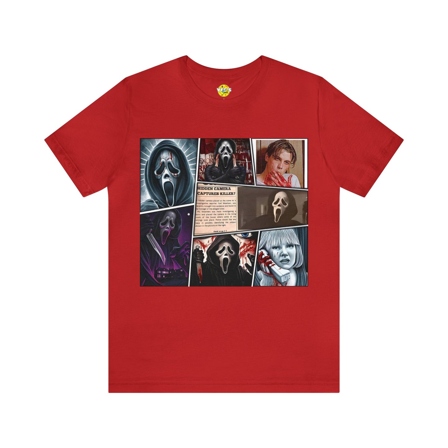 Halloween Graphic Novel Style Scream Movie Collage Short Sleeve T-Shirt - Vintage Horror Film Graphic Tee, Retro Cinematic Shirt