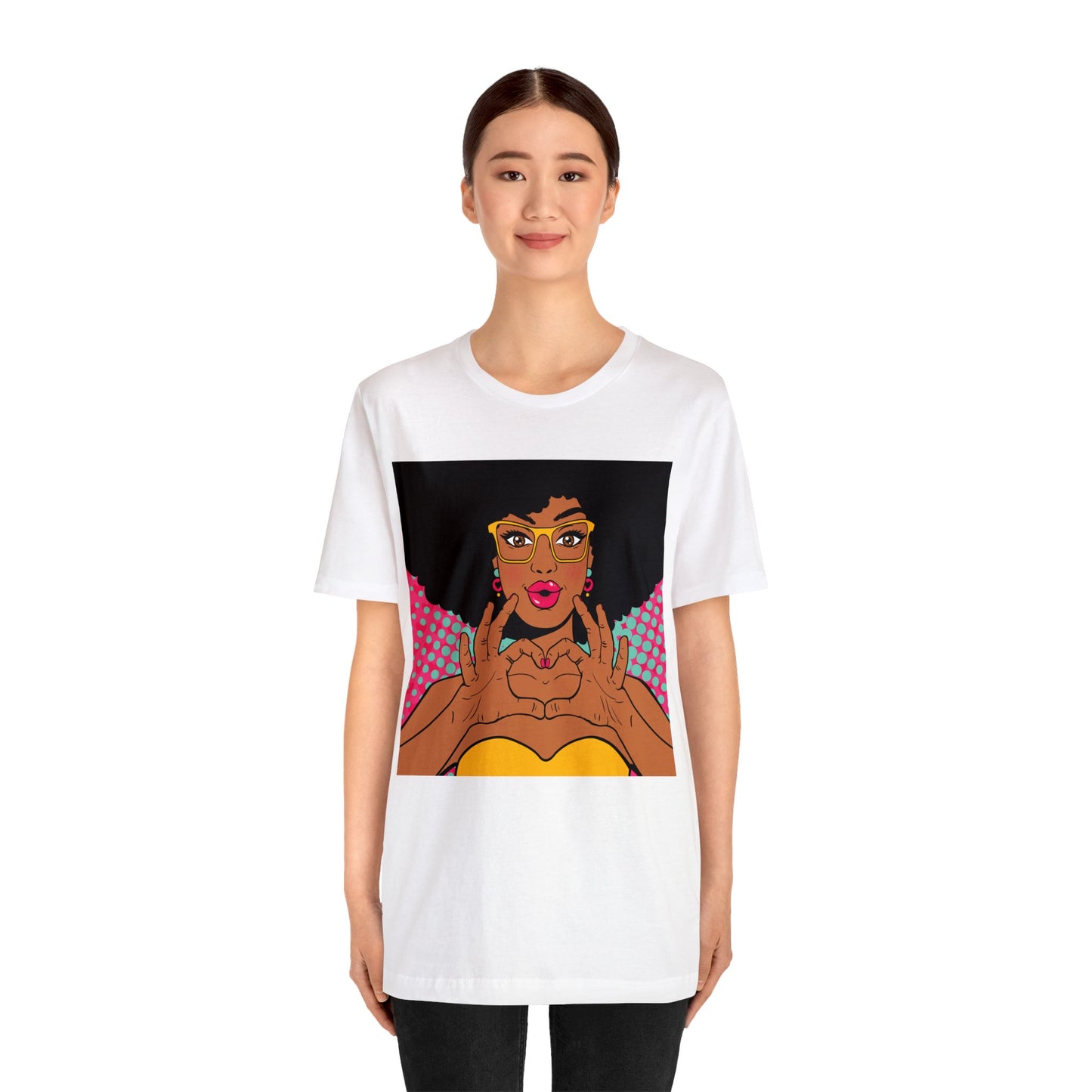 Pop Art Melanated Queen Finger Hearts Short Sleeve T-Shirt - Empowering Graphic Tee, Diverse Art Fashion