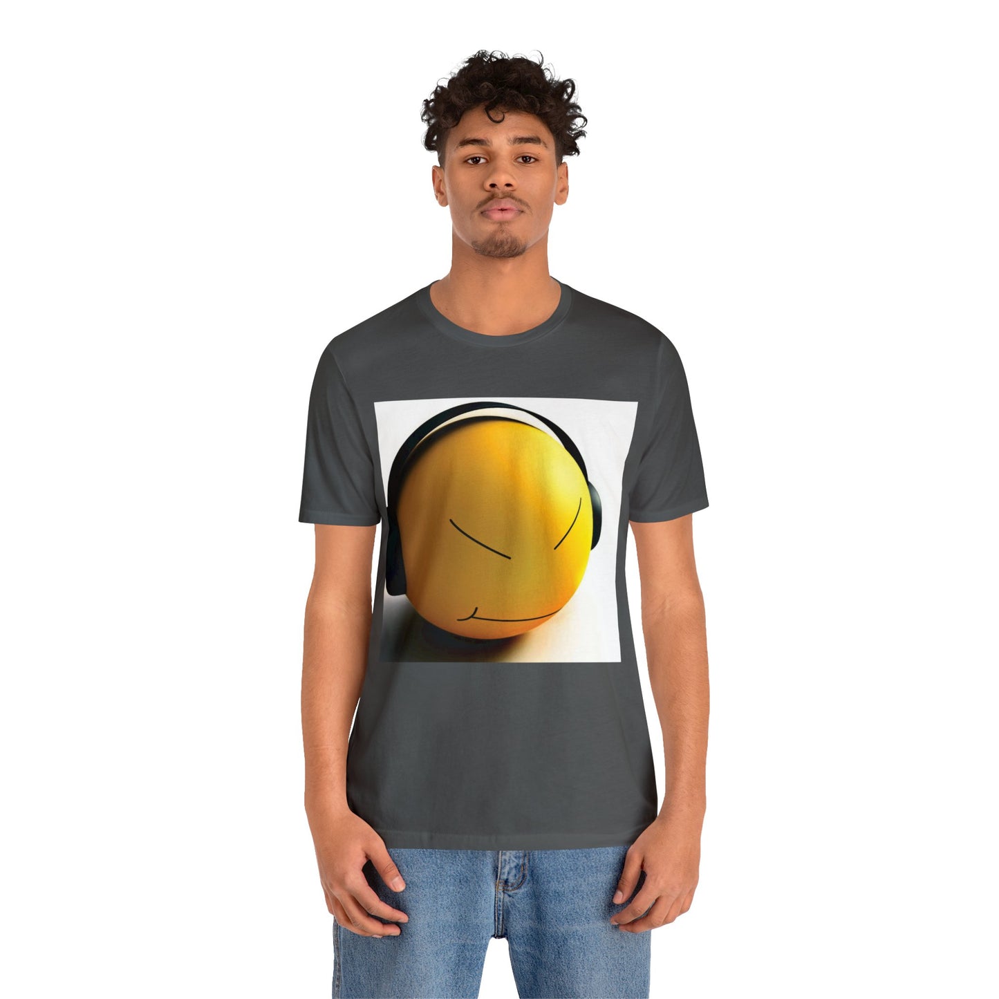 Yellow Smiley Stress Ball with Headphones Short Sleeve T-Shirt - Fun Graphic Tee, Playful Stress Reliever Shirt