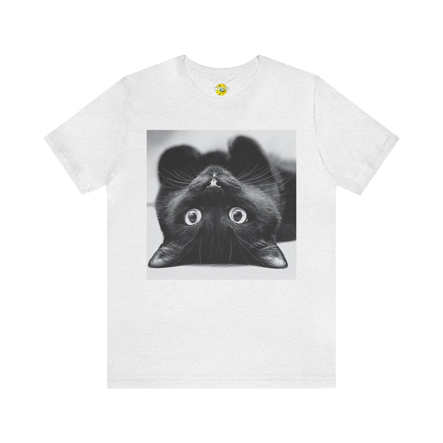 Playful Upside Down Black Cat Short Sleeve T-Shirt - Adorable Kitty Graphic Tee, Whimsical Animal Lover Shirt