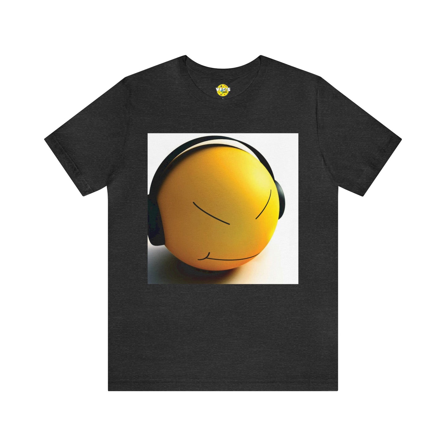 Yellow Smiley Stress Ball with Headphones Short Sleeve T-Shirt - Fun Graphic Tee, Playful Stress Reliever Shirt