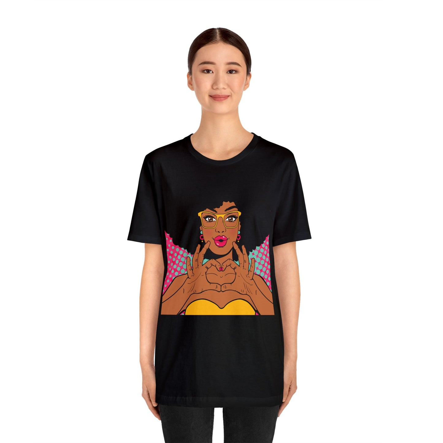 Pop Art Melanated Queen Finger Hearts Short Sleeve T-Shirt - Empowering Graphic Tee, Diverse Art Fashion