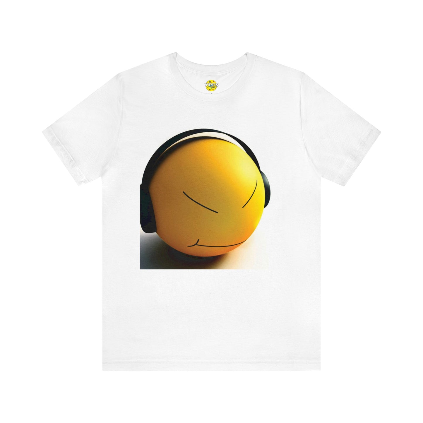 Yellow Smiley Stress Ball with Headphones Short Sleeve T-Shirt - Fun Graphic Tee, Playful Stress Reliever Shirt