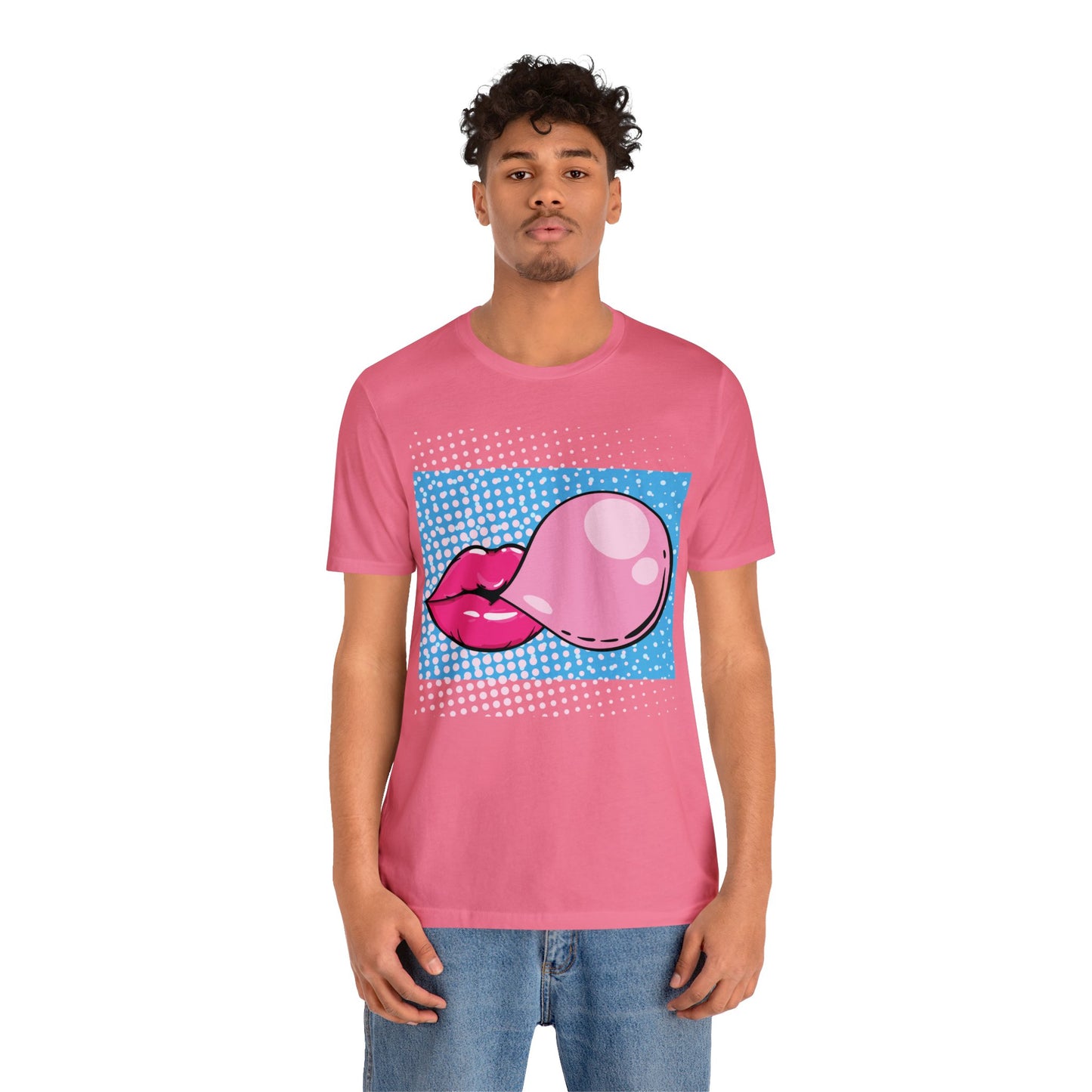 Pop Art Lips Blowing Bubble Short Sleeve T-Shirt - Colorful Graphic Tee, Retro Style Fashion Shirt