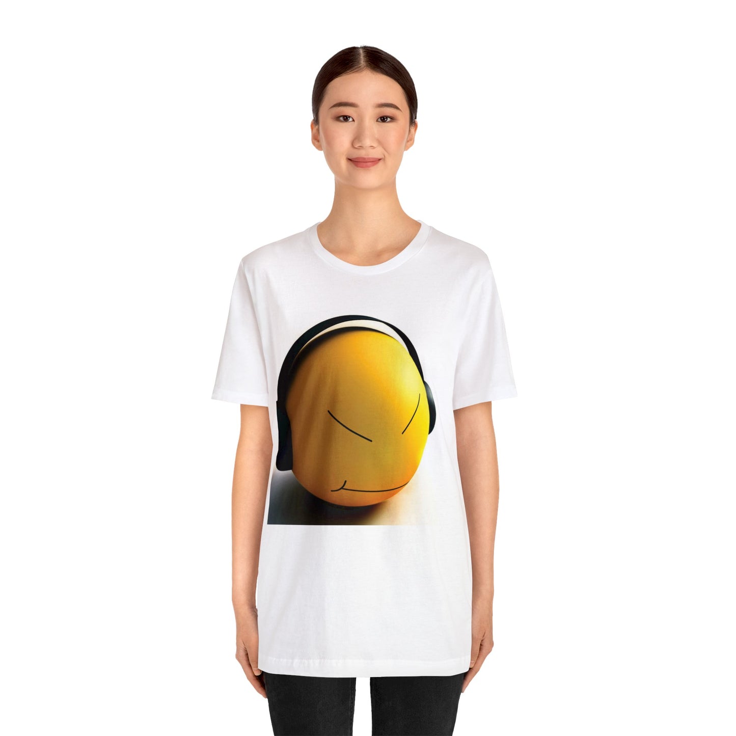 Yellow Smiley Stress Ball with Headphones Short Sleeve T-Shirt - Fun Graphic Tee, Playful Stress Reliever Shirt