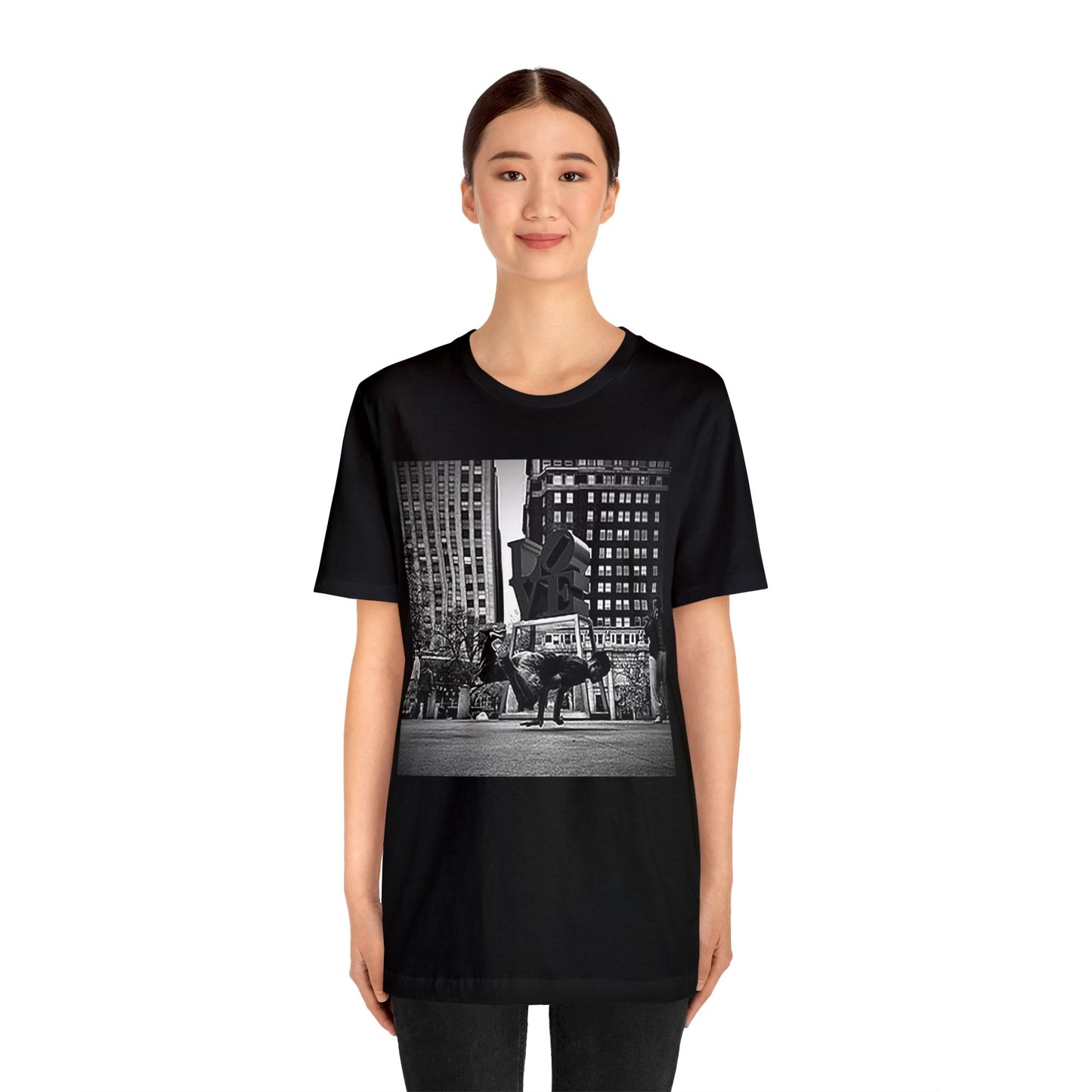 Retro Breakdancer at Love Park Statue 2000s Short Sleeve T-Shirt - Vintage Urban Dance Tee, Street Style Graphic Shirt