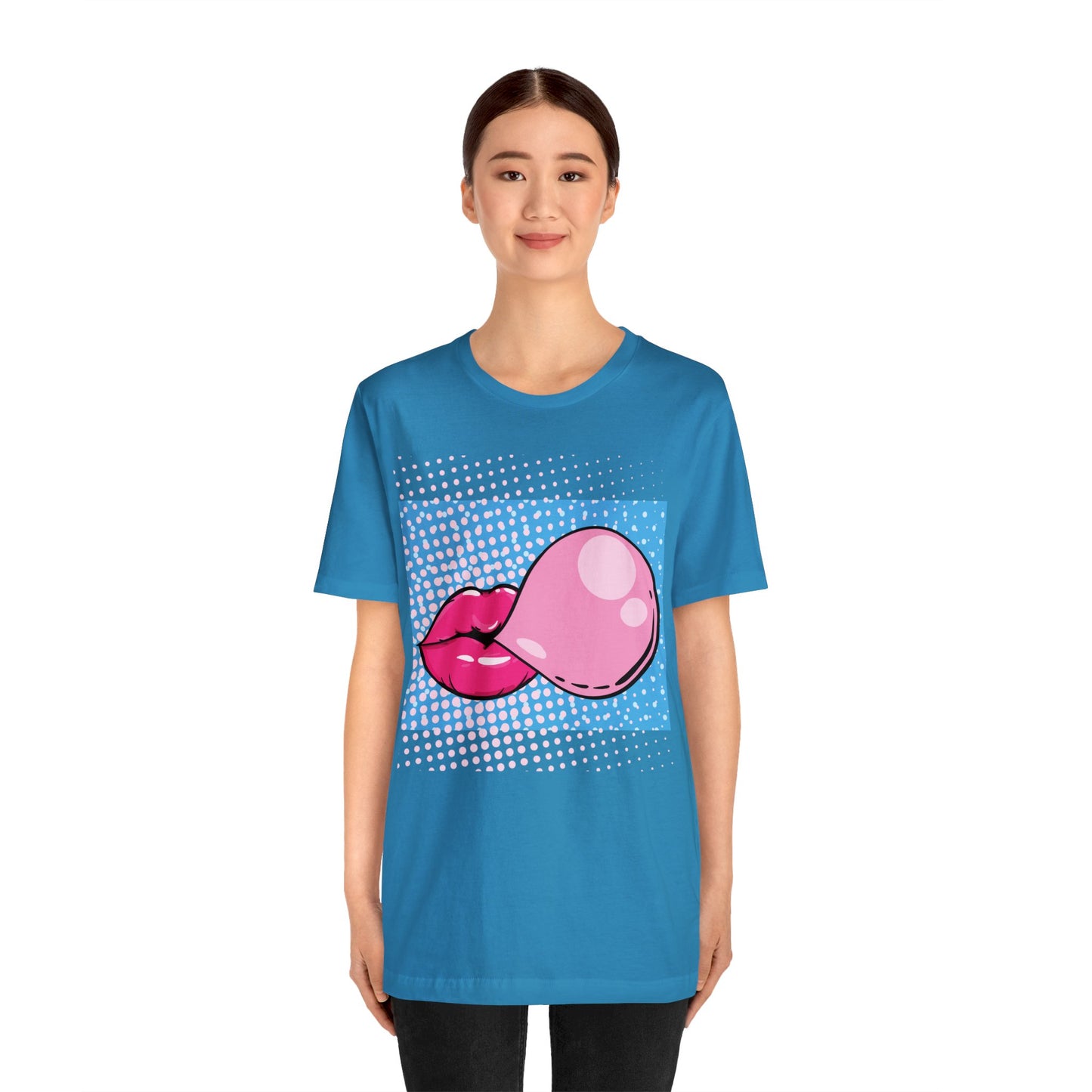 Pop Art Lips Blowing Bubble Short Sleeve T-Shirt - Colorful Graphic Tee, Retro Style Fashion Shirt