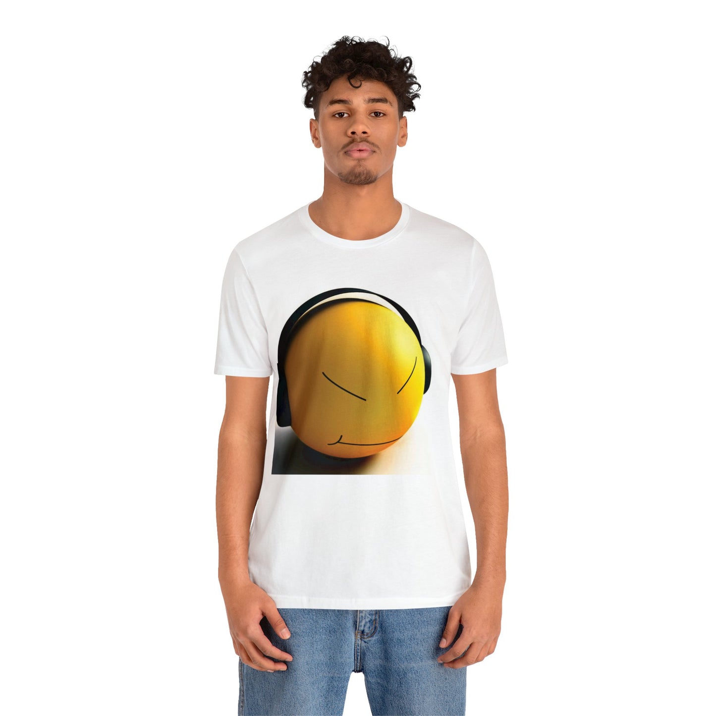 Yellow Smiley Stress Ball with Headphones Short Sleeve T-Shirt - Fun Graphic Tee, Playful Stress Reliever Shirt