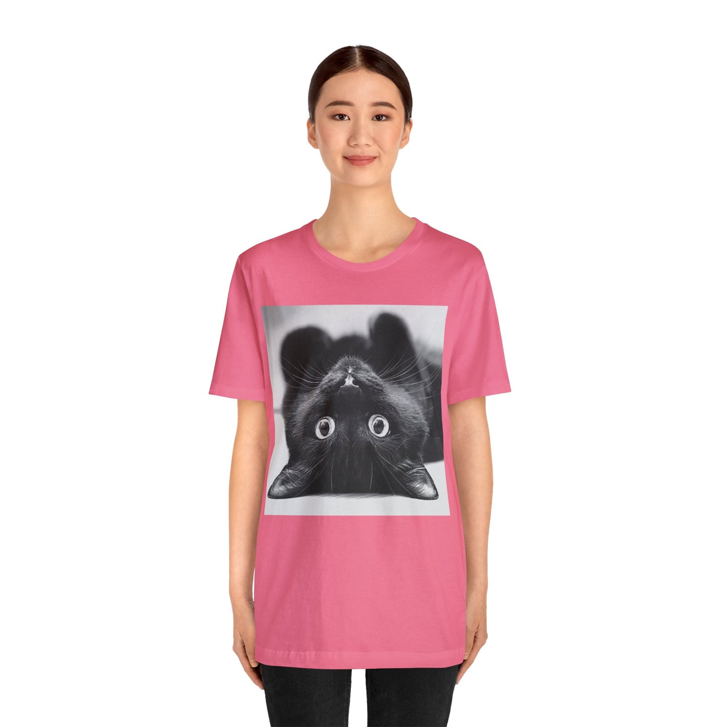 Playful Upside Down Black Cat Short Sleeve T-Shirt - Adorable Kitty Graphic Tee, Whimsical Animal Lover Shirt