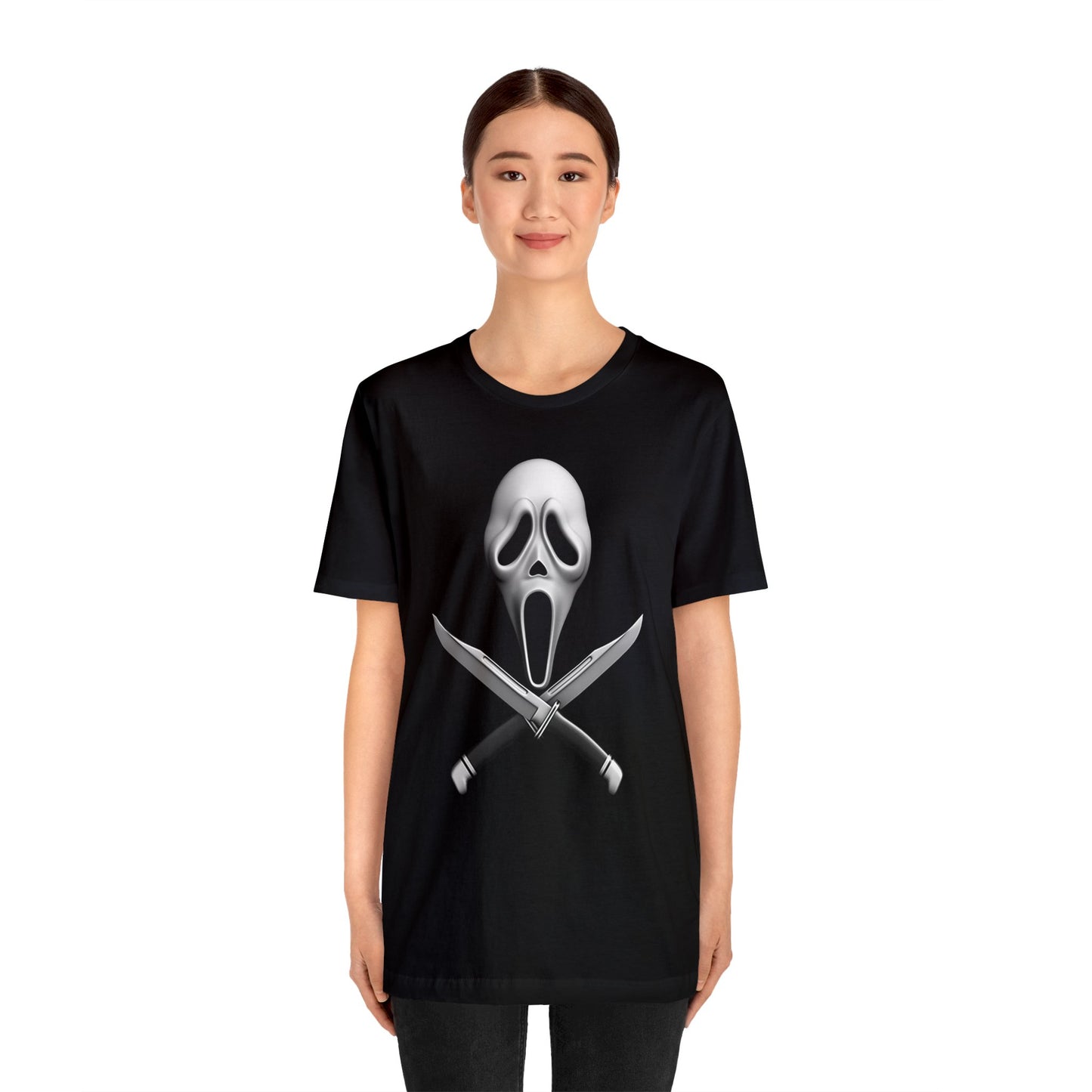 Halloween Ghostface Mask and Twin Knives Short Sleeve T-Shirt - Iconic Horror Movie Tee, Retro Scream Killer Illustration Shirt