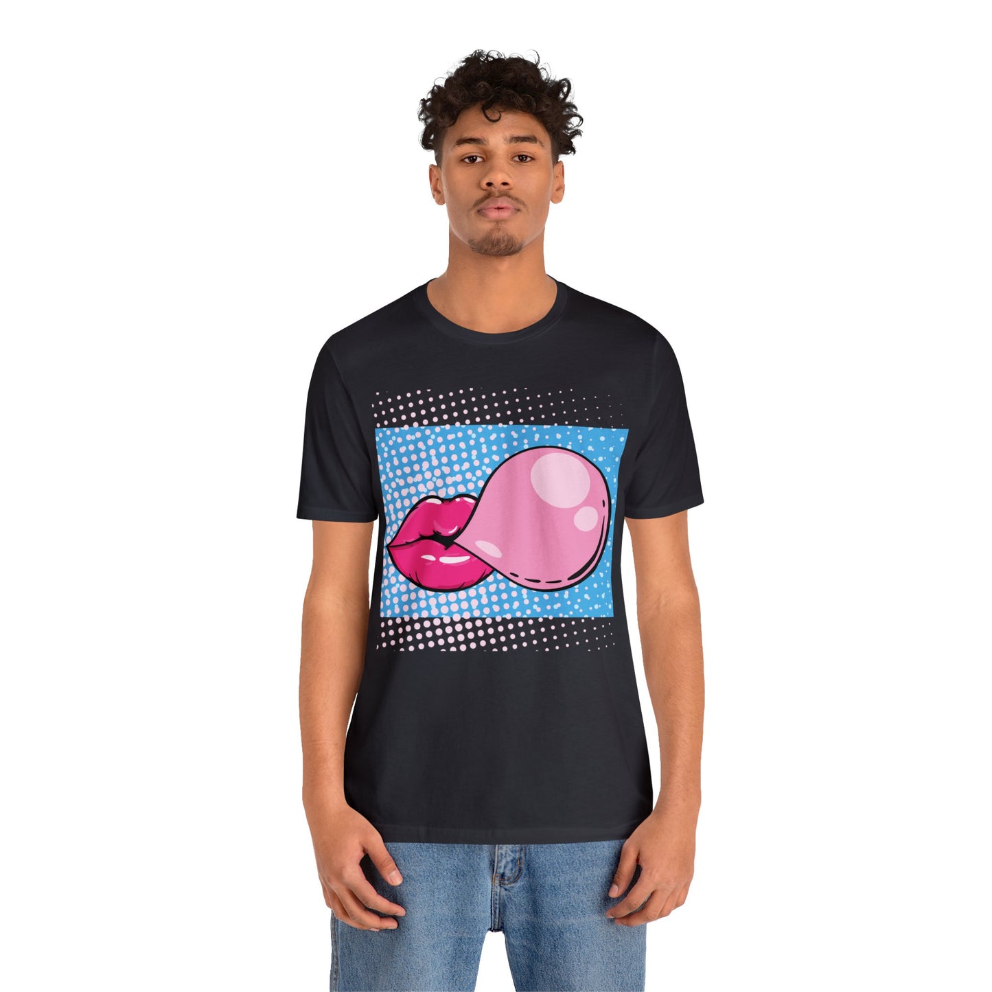 Pop Art Lips Blowing Bubble Short Sleeve T-Shirt - Colorful Graphic Tee, Retro Style Fashion Shirt