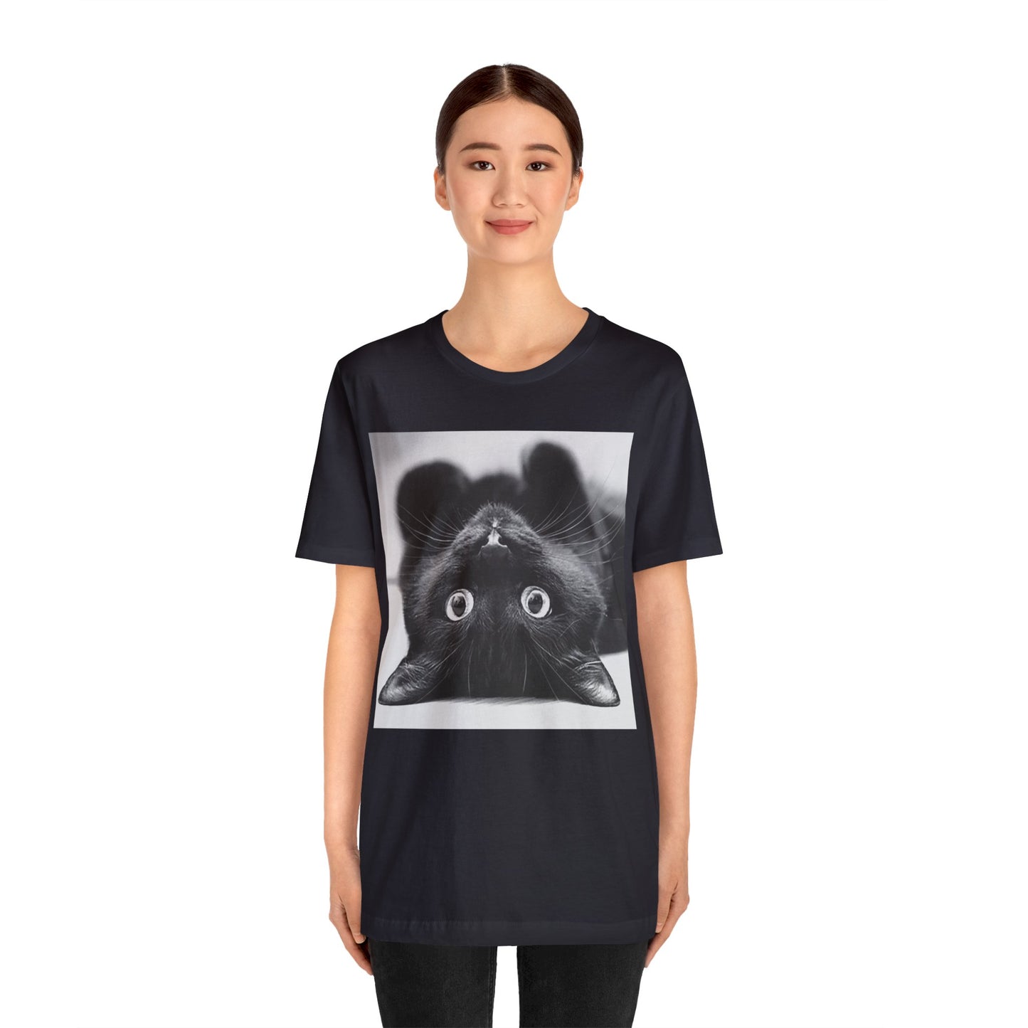 Playful Upside Down Black Cat Short Sleeve T-Shirt - Adorable Kitty Graphic Tee, Whimsical Animal Lover Shirt