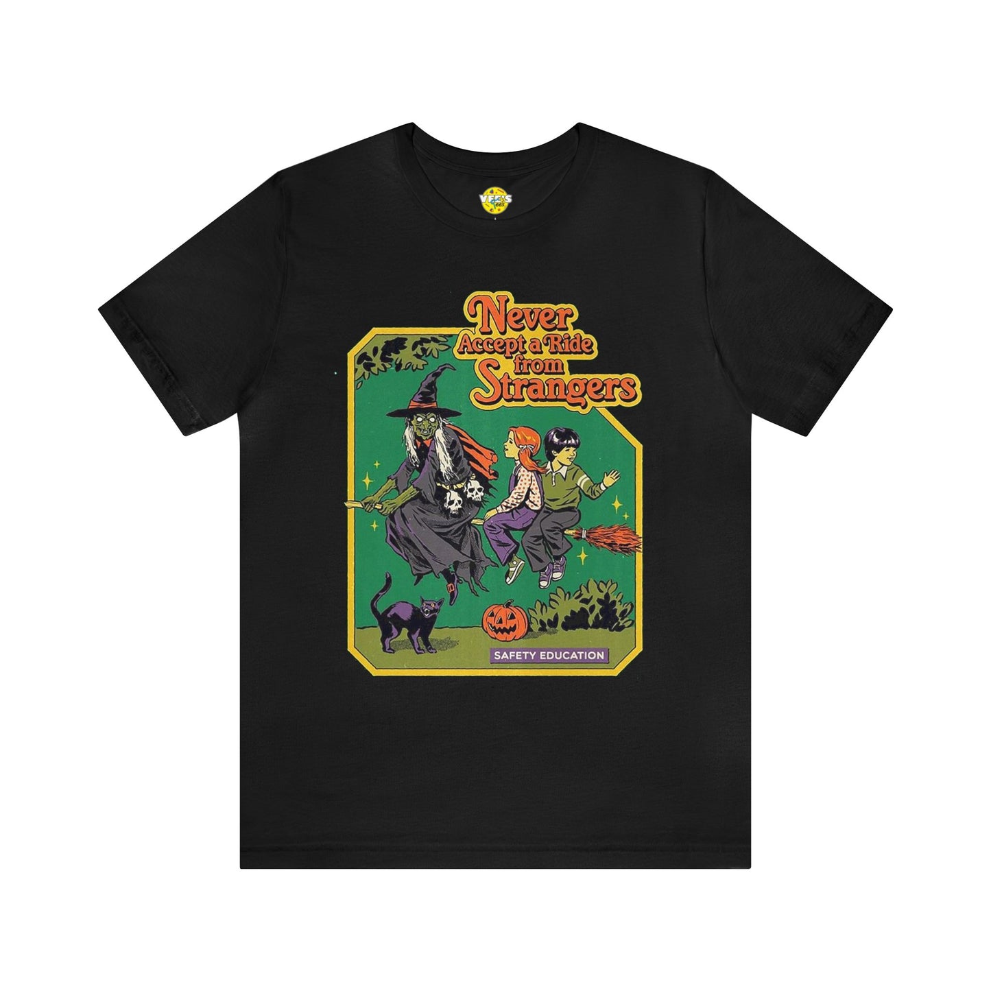 Halloween Witch Safety Education Short Sleeve T-Shirt - Hilarious Flying Kids Halloween Tee, Funny Warning Graphic Shirt