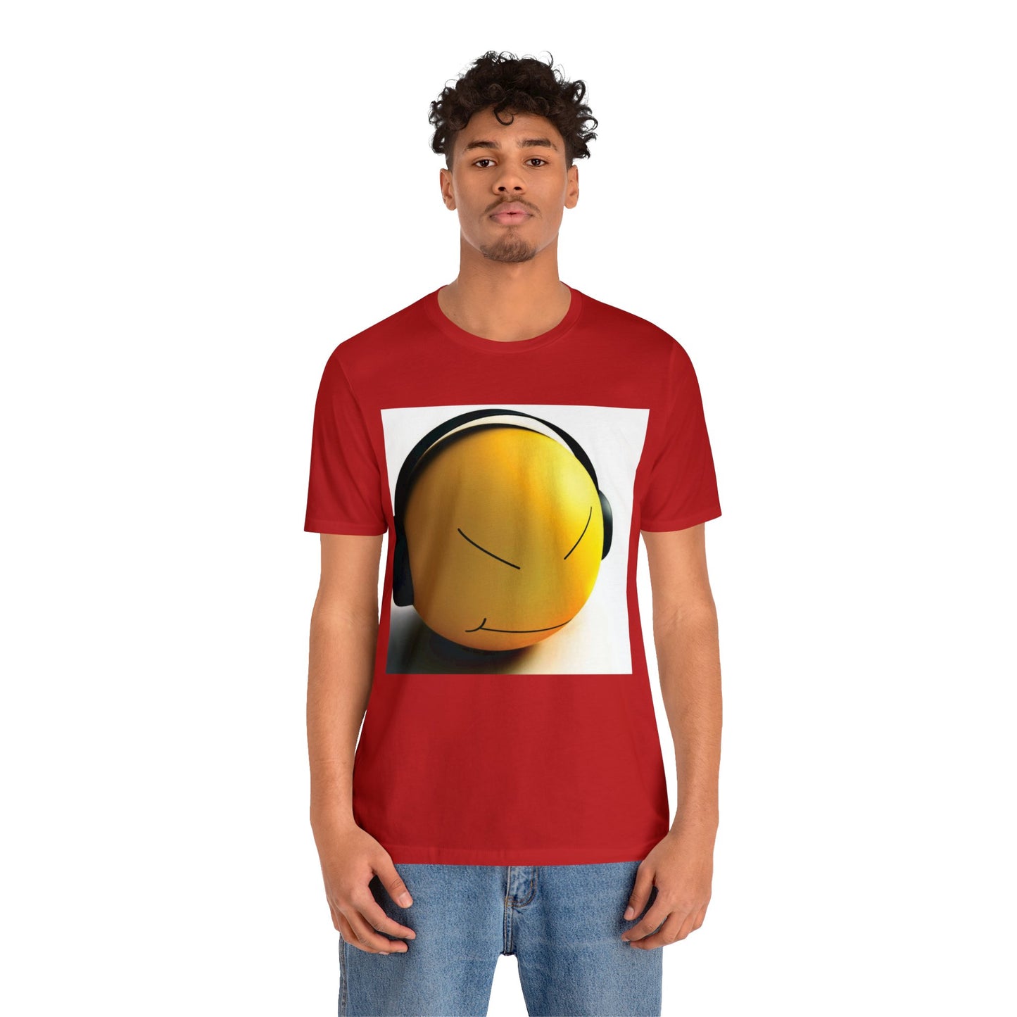 Yellow Smiley Stress Ball with Headphones Short Sleeve T-Shirt - Fun Graphic Tee, Playful Stress Reliever Shirt