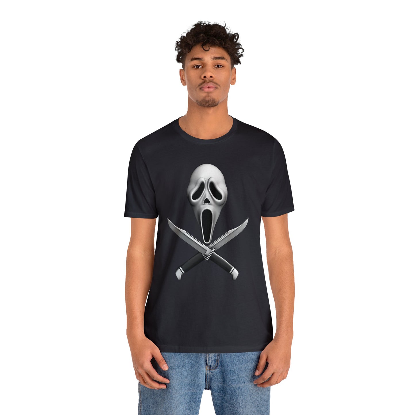 Halloween Ghostface Mask and Twin Knives Short Sleeve T-Shirt - Iconic Horror Movie Tee, Retro Scream Killer Illustration Shirt