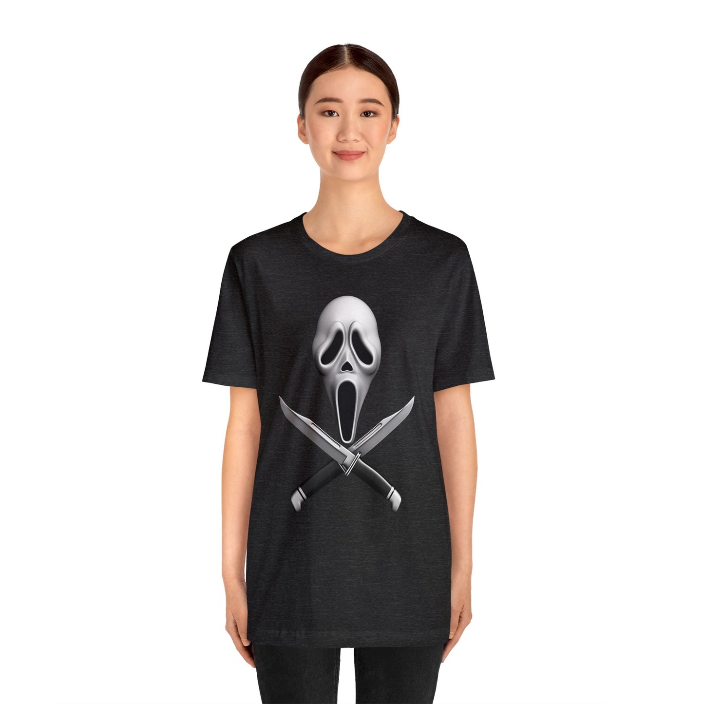 Halloween Ghostface Mask and Twin Knives Short Sleeve T-Shirt - Iconic Horror Movie Tee, Retro Scream Killer Illustration Shirt