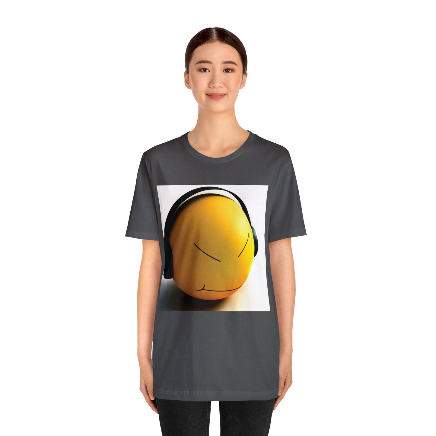 Yellow Smiley Stress Ball with Headphones Short Sleeve T-Shirt - Fun Graphic Tee, Playful Stress Reliever Shirt