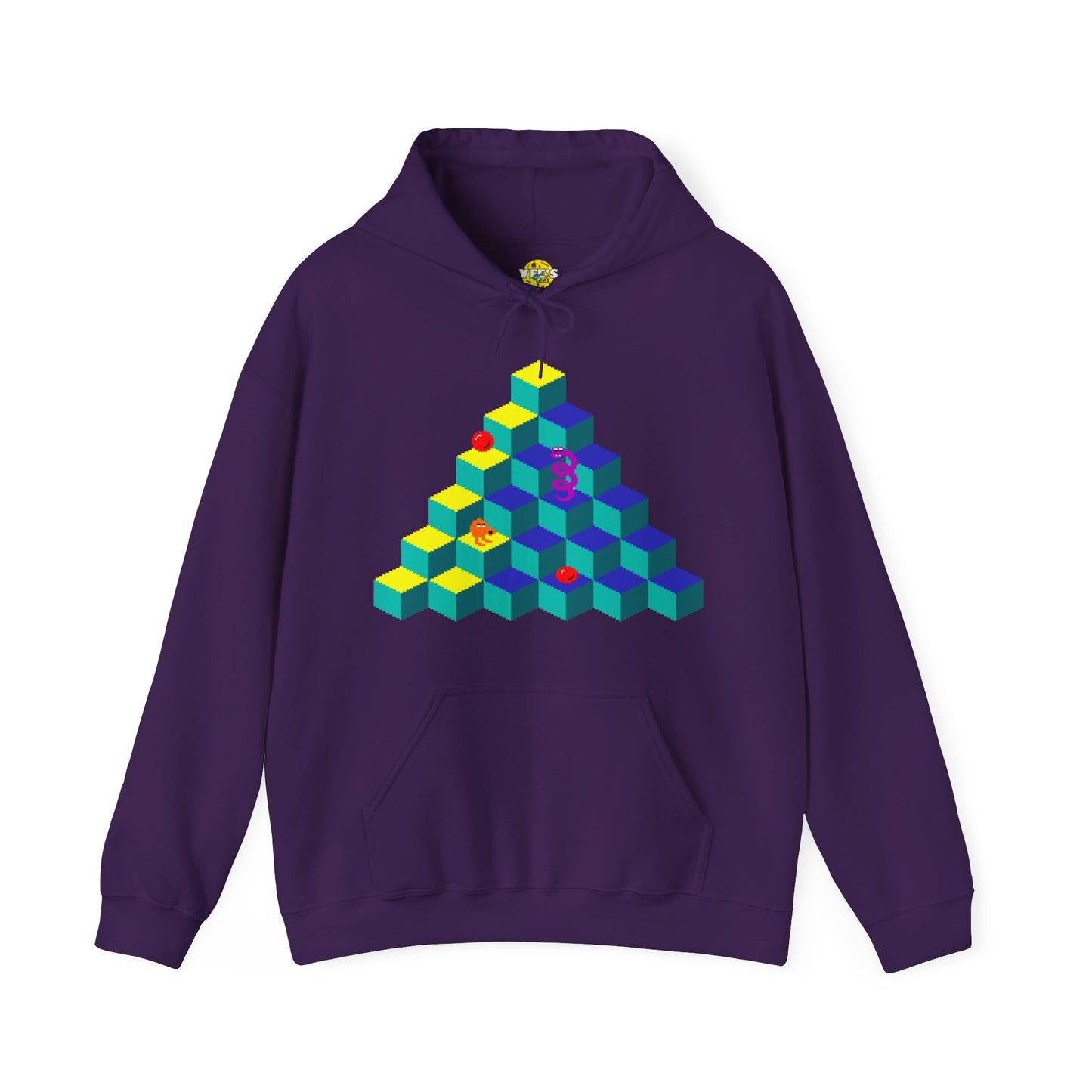 Retro 80s Video Game Sweatshirt, QBert Game, Retro Gaming Console Hoodie, QBert game screen Hooded Sweatshirt, Pixelated QBert Adventure