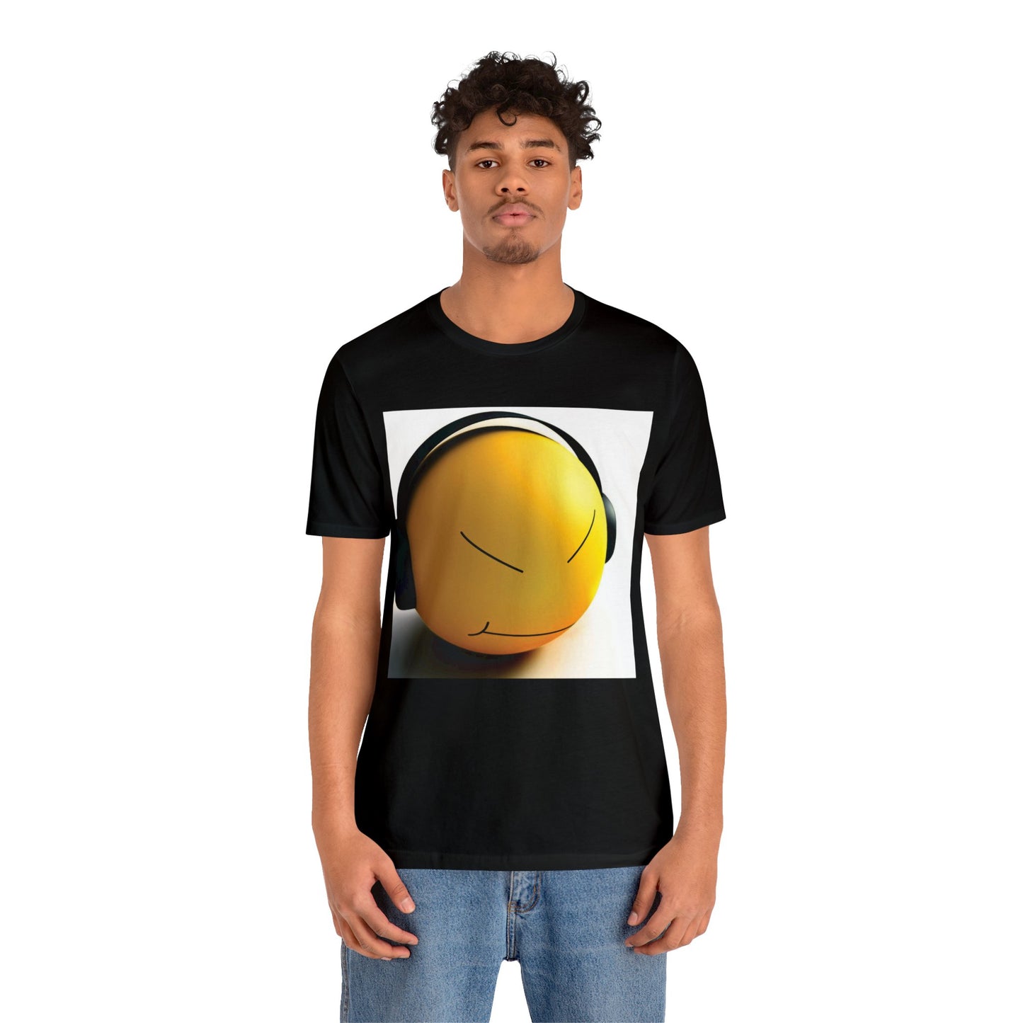 Yellow Smiley Stress Ball with Headphones Short Sleeve T-Shirt - Fun Graphic Tee, Playful Stress Reliever Shirt