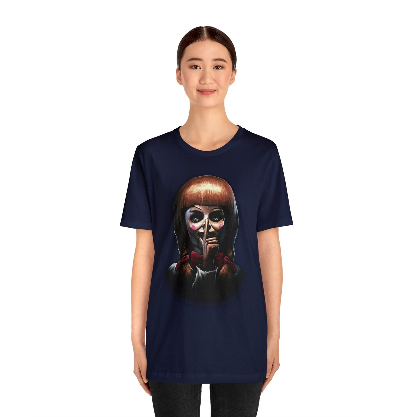 Halloween Annabelle Short Sleeve T-Shirt - Creepy Doll Horror Movie Tee, Haunting Graphic Shirt