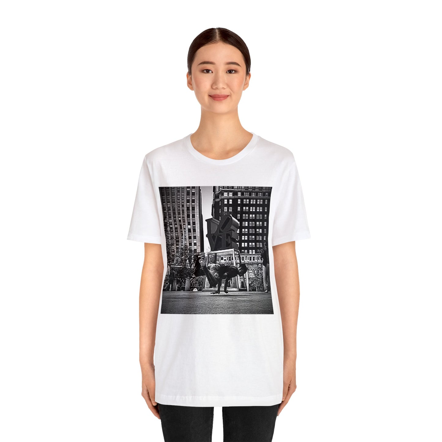 Retro Breakdancer at Love Park Statue 2000s Short Sleeve T-Shirt - Vintage Urban Dance Tee, Street Style Graphic Shirt