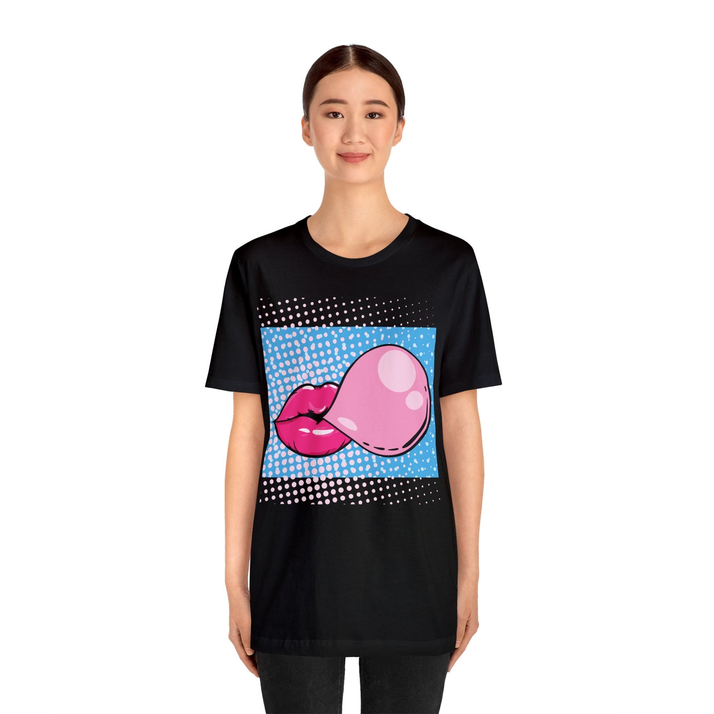 Pop Art Lips Blowing Bubble Short Sleeve T-Shirt - Colorful Graphic Tee, Retro Style Fashion Shirt