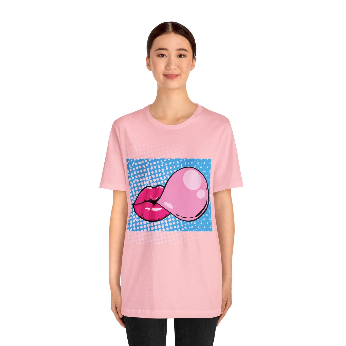 Pop Art Lips Blowing Bubble Short Sleeve T-Shirt - Colorful Graphic Tee, Retro Style Fashion Shirt