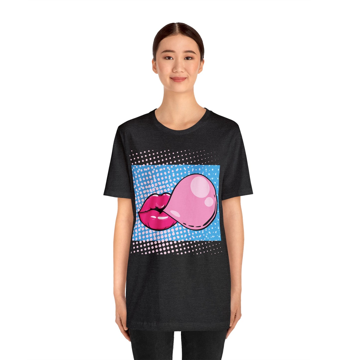 Pop Art Lips Blowing Bubble Short Sleeve T-Shirt - Colorful Graphic Tee, Retro Style Fashion Shirt