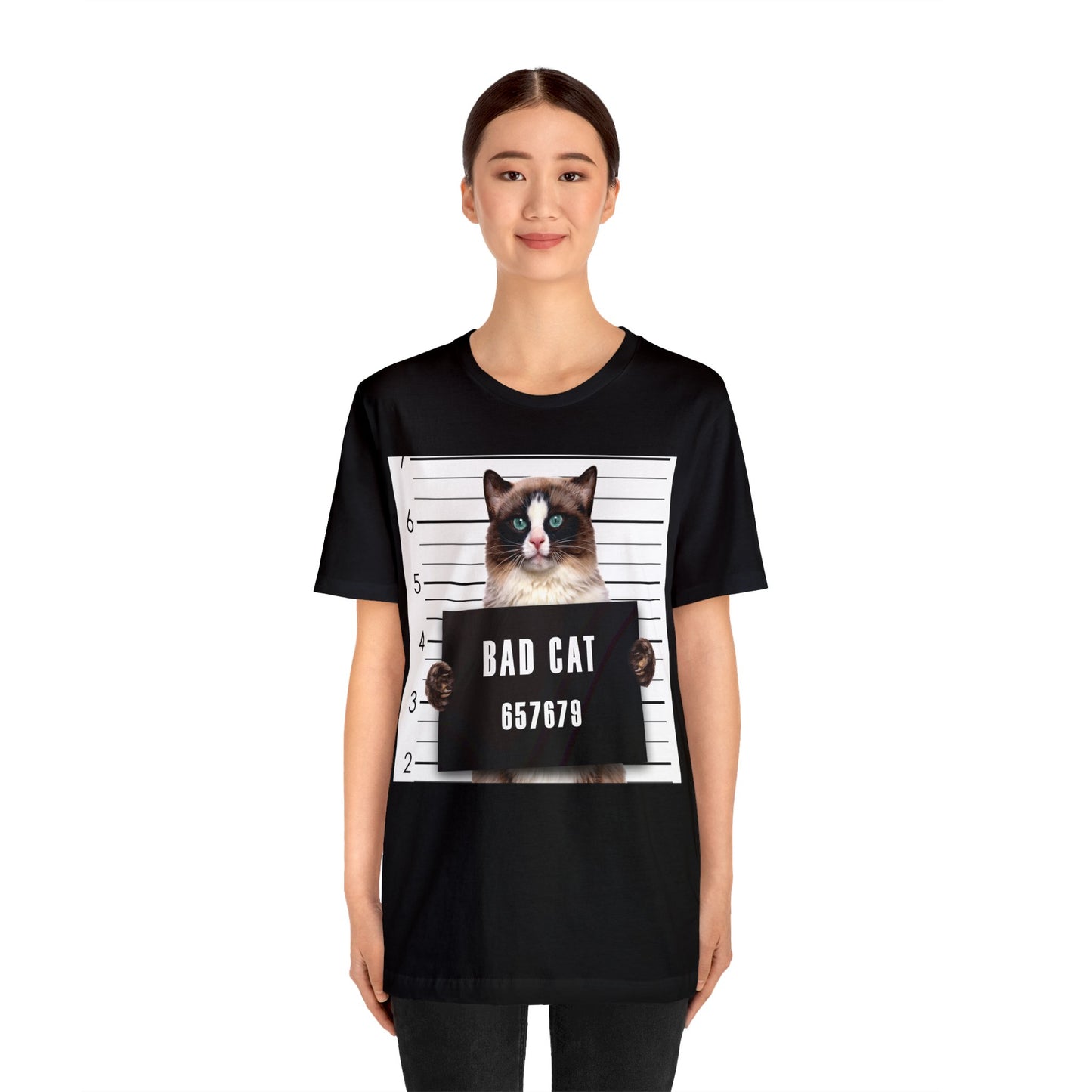 Bad Cat Mugshot Short Sleeve T-Shirt - Funny Cat Lover Tee, Playful Feline Graphic Shirt