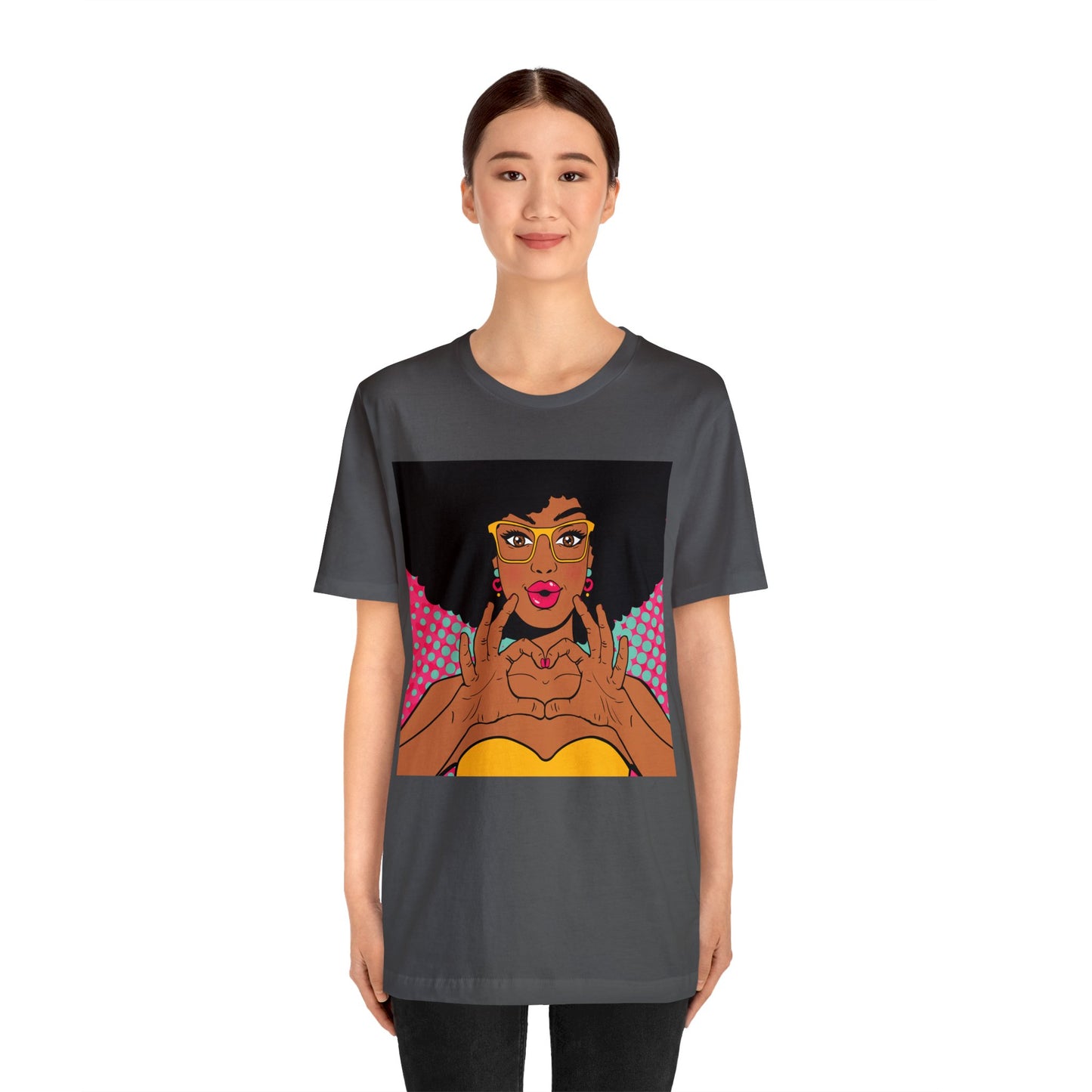 Pop Art Melanated Queen Finger Hearts Short Sleeve T-Shirt - Empowering Graphic Tee, Diverse Art Fashion