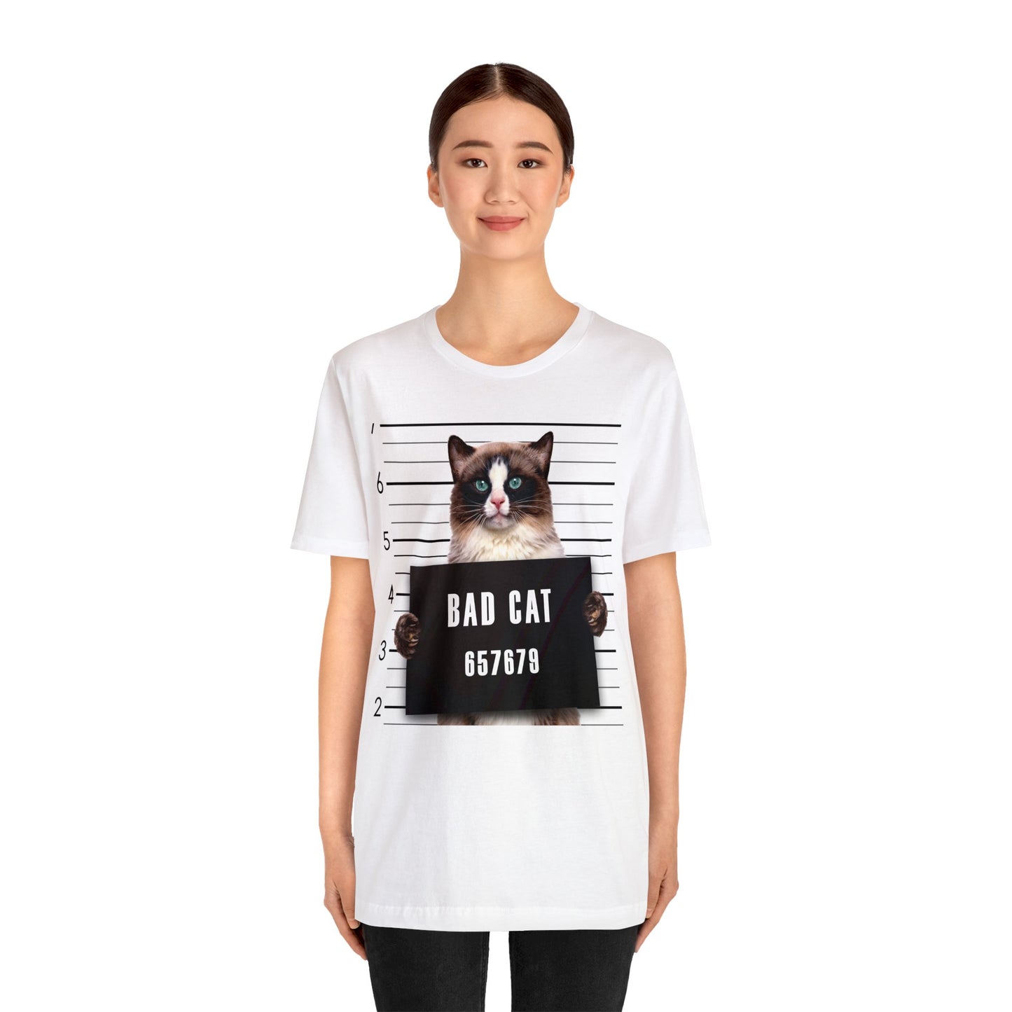 Bad Cat Mugshot Short Sleeve T-Shirt - Funny Cat Lover Tee, Playful Feline Graphic Shirt