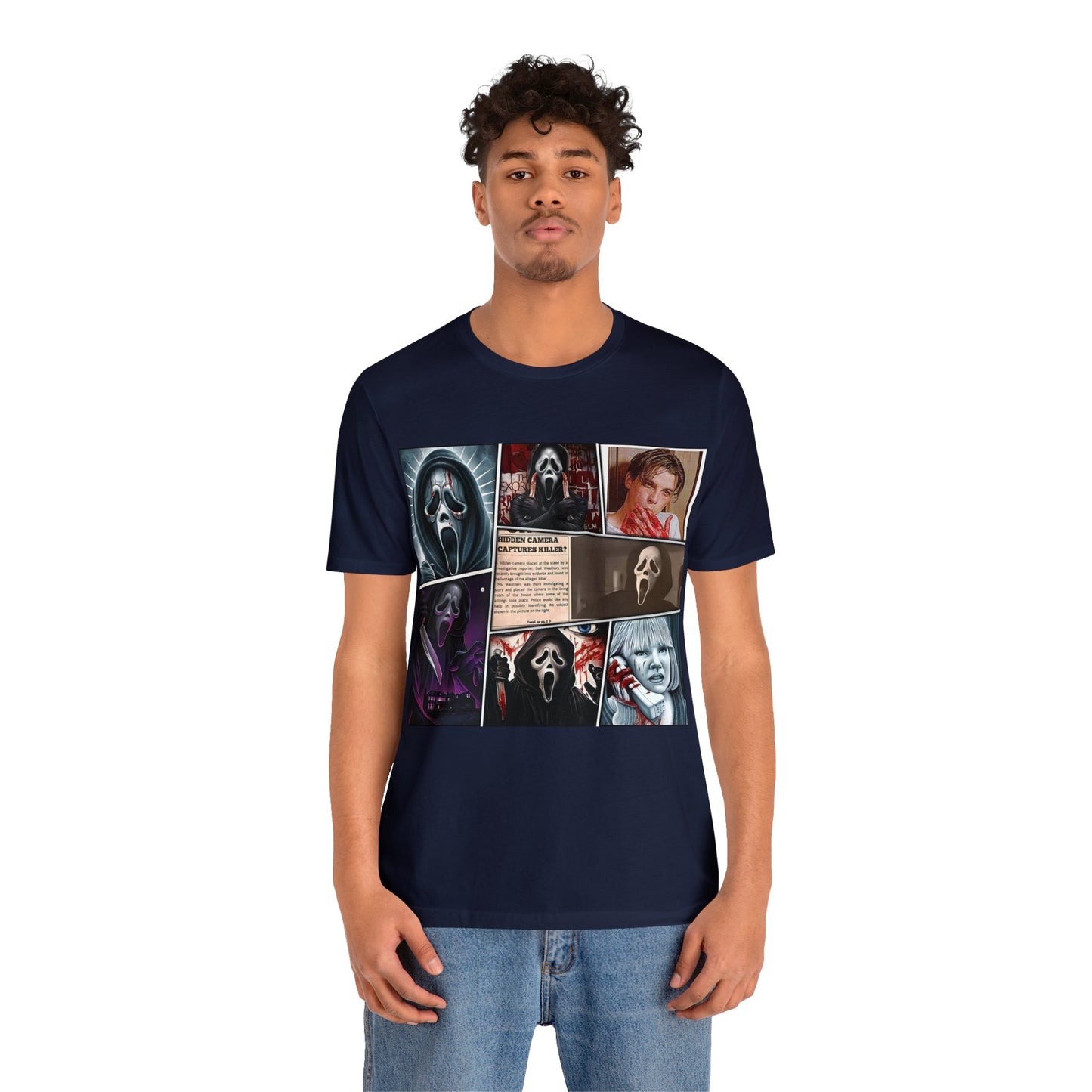 Halloween Graphic Novel Style Scream Movie Collage Short Sleeve T-Shirt - Vintage Horror Film Graphic Tee, Retro Cinematic Shirt