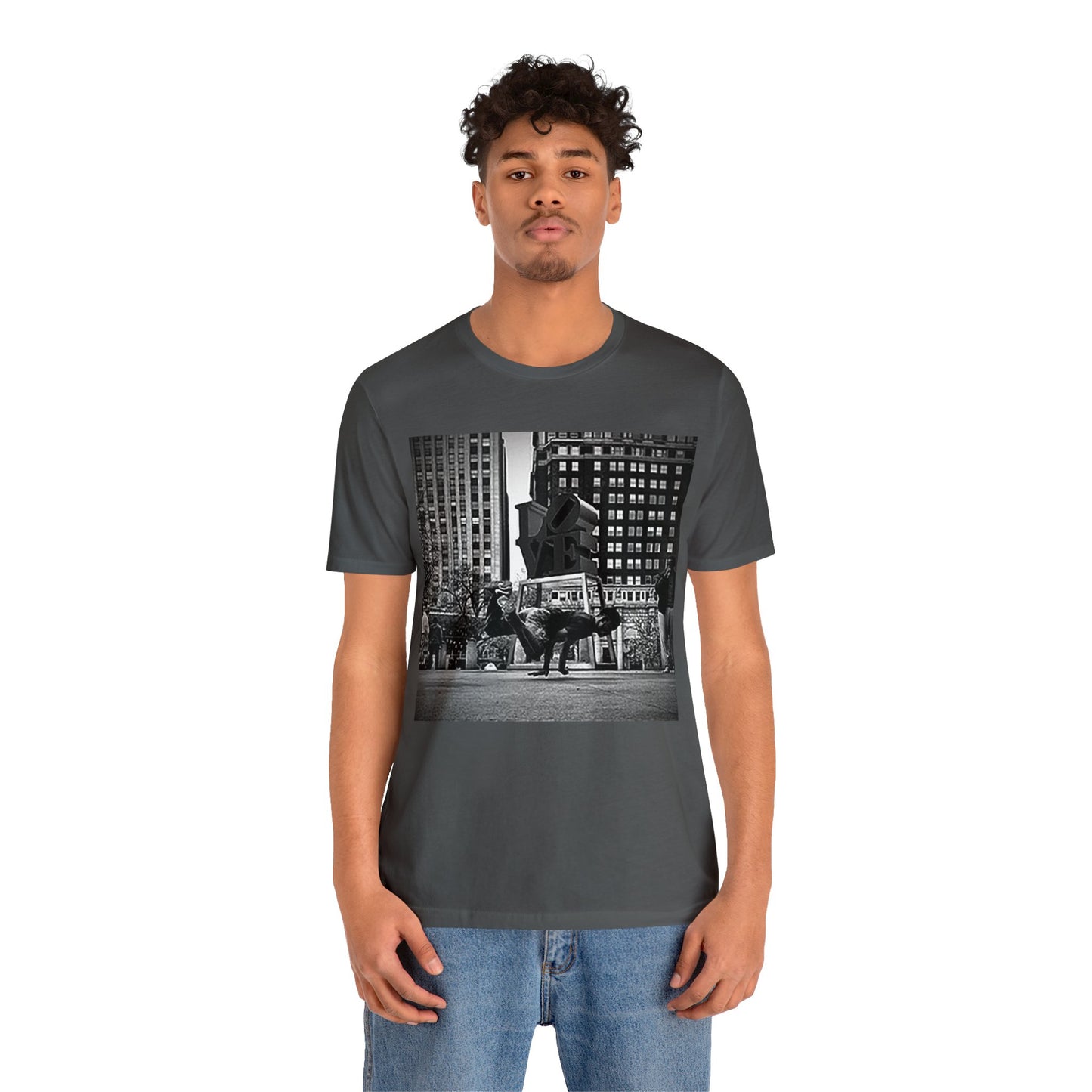 Retro Breakdancer at Love Park Statue 2000s Short Sleeve T-Shirt - Vintage Urban Dance Tee, Street Style Graphic Shirt