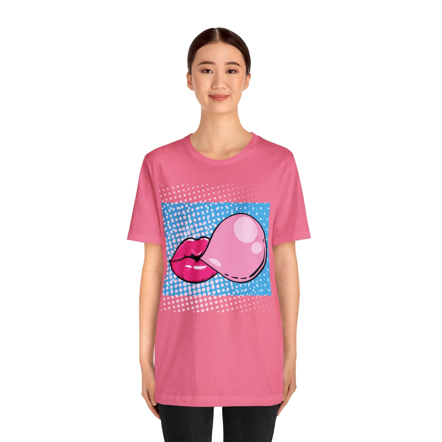 Pop Art Lips Blowing Bubble Short Sleeve T-Shirt - Colorful Graphic Tee, Retro Style Fashion Shirt