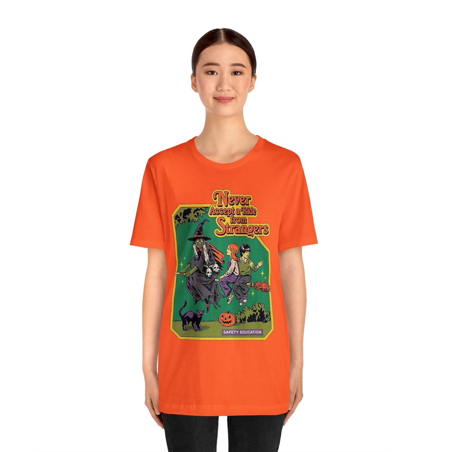 Halloween Witch Safety Education Short Sleeve T-Shirt - Hilarious Flying Kids Halloween Tee, Funny Warning Graphic Shirt