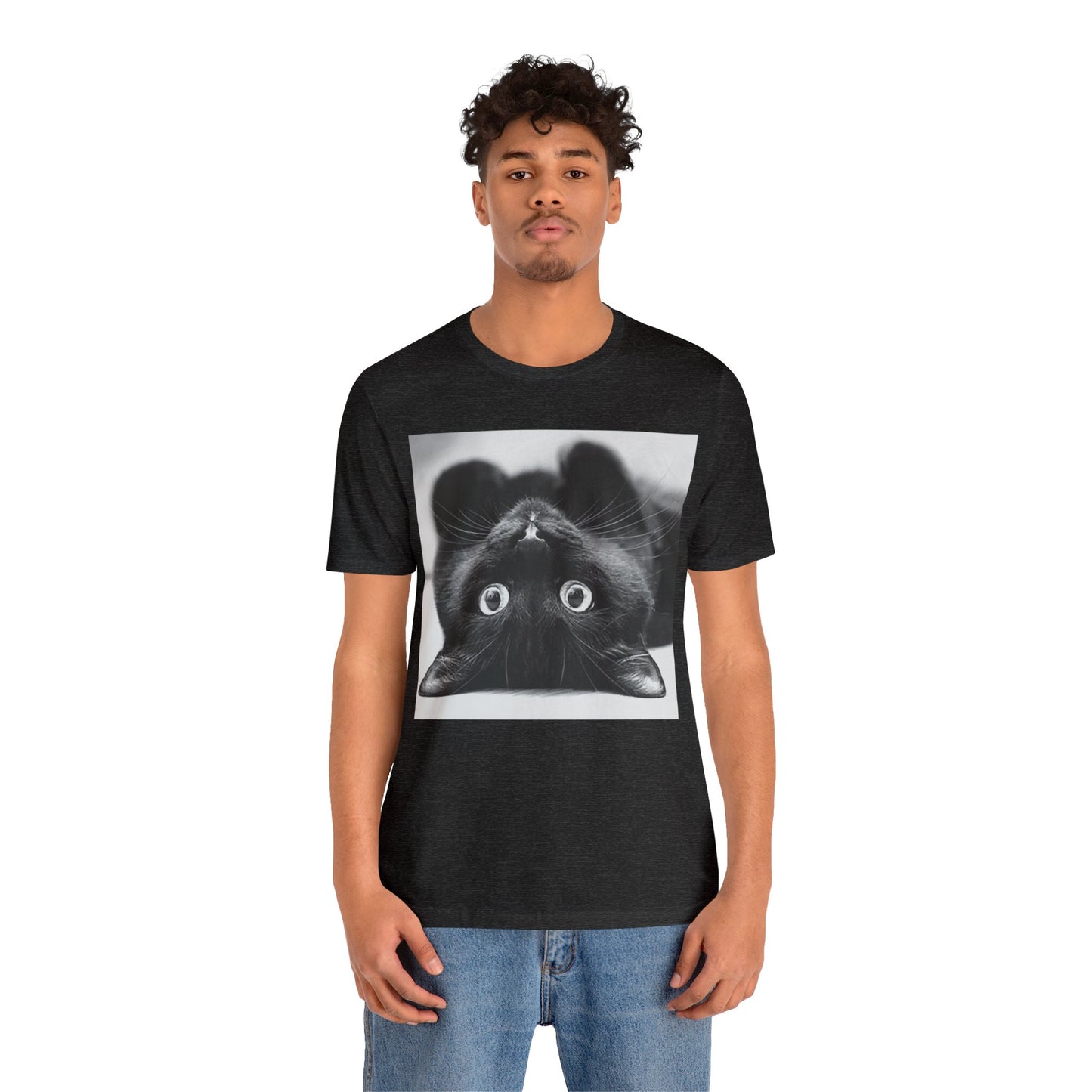 Playful Upside Down Black Cat Short Sleeve T-Shirt - Adorable Kitty Graphic Tee, Whimsical Animal Lover Shirt