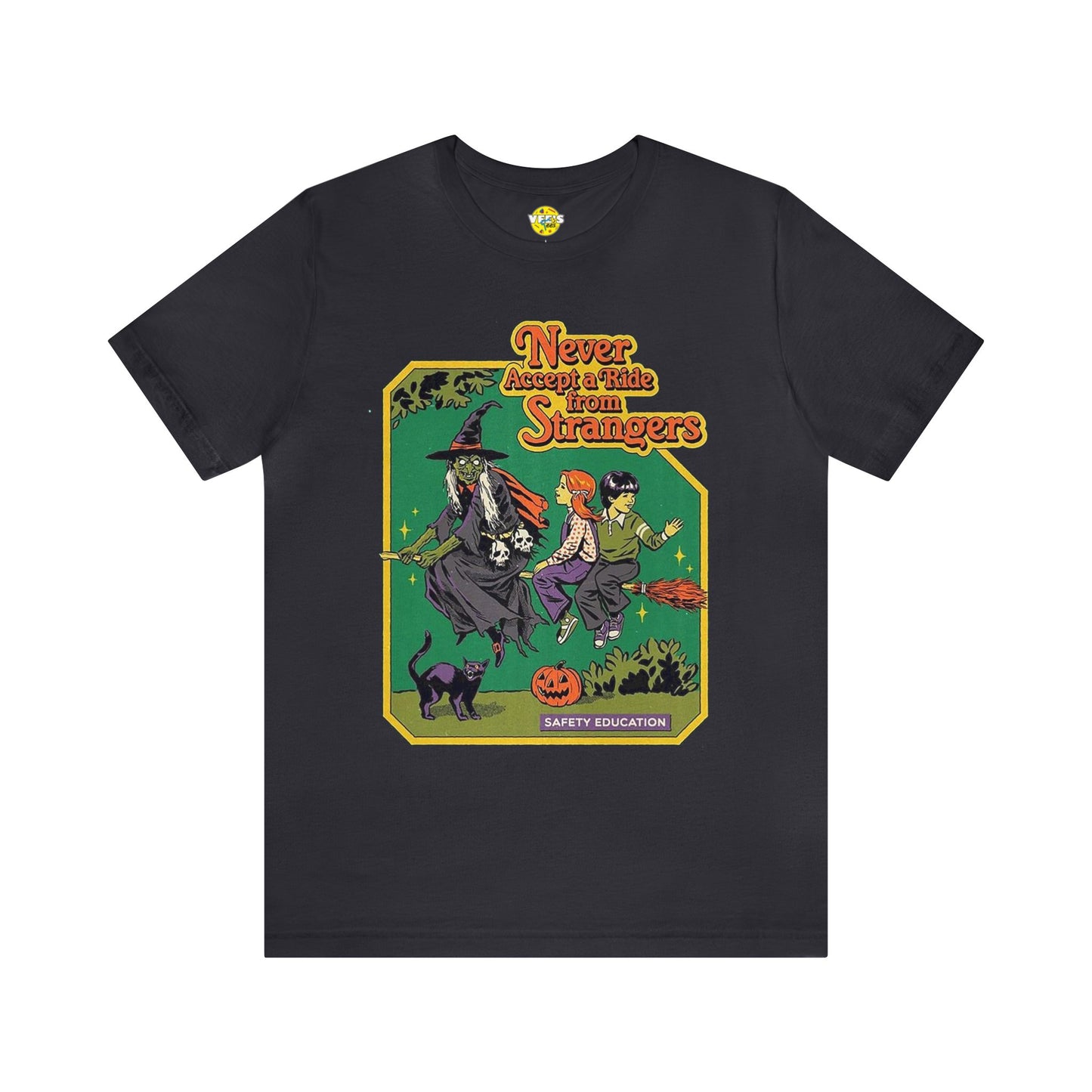 Halloween Witch Safety Education Short Sleeve T-Shirt - Hilarious Flying Kids Halloween Tee, Funny Warning Graphic Shirt