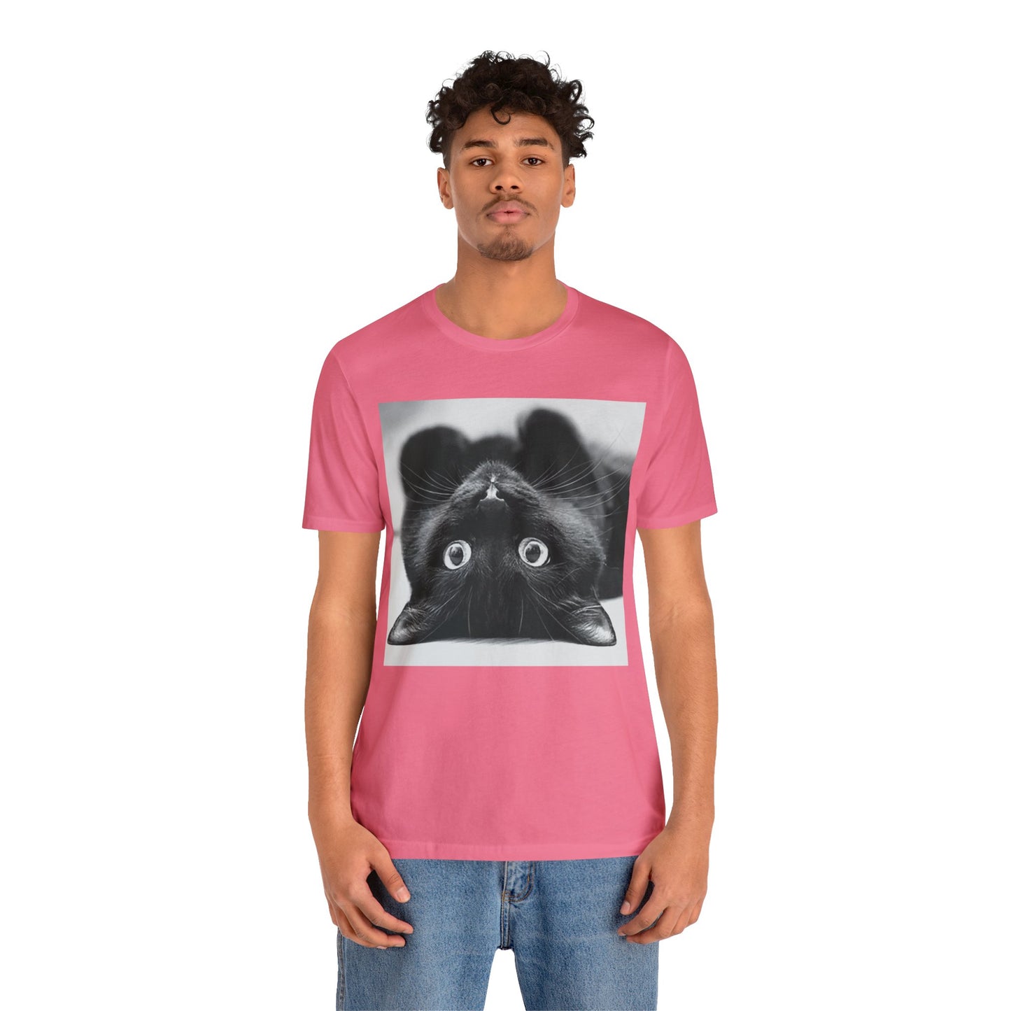 Playful Upside Down Black Cat Short Sleeve T-Shirt - Adorable Kitty Graphic Tee, Whimsical Animal Lover Shirt