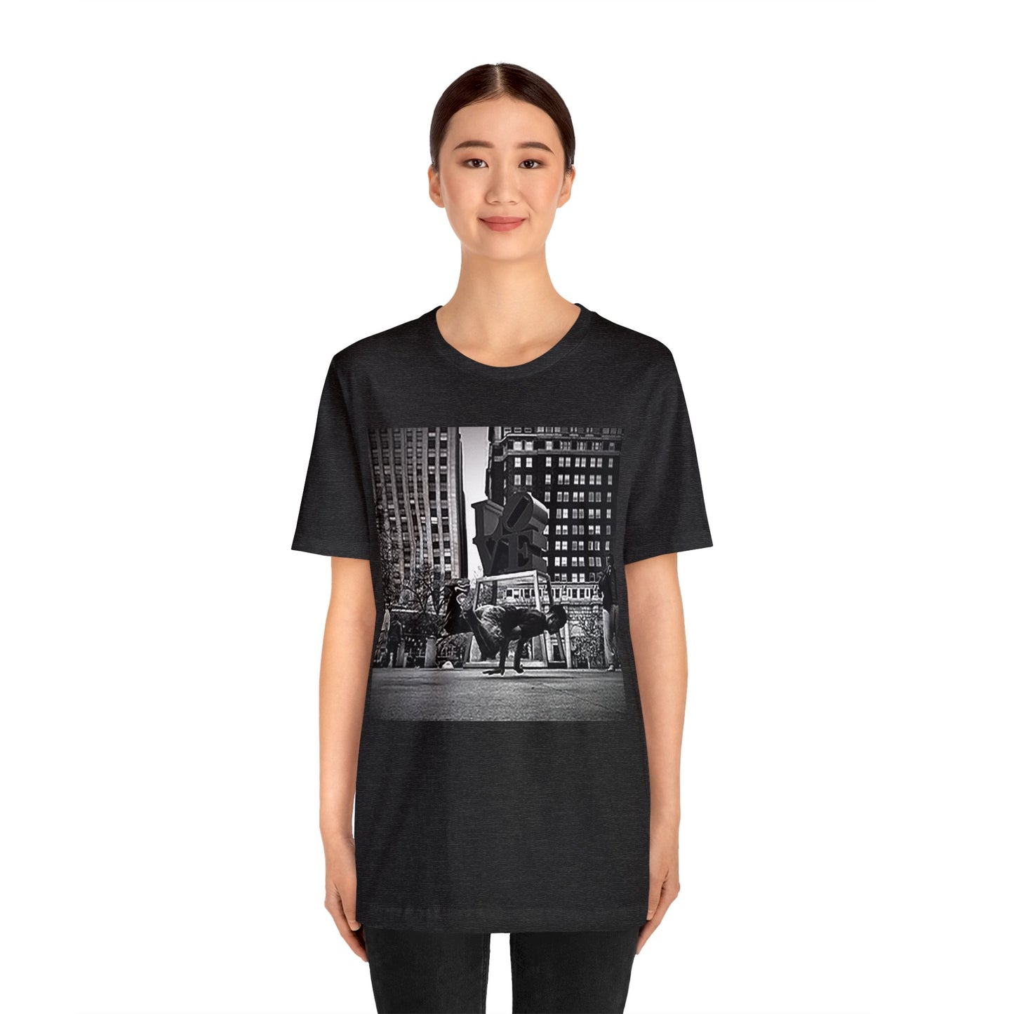 Retro Breakdancer at Love Park Statue 2000s Short Sleeve T-Shirt - Vintage Urban Dance Tee, Street Style Graphic Shirt