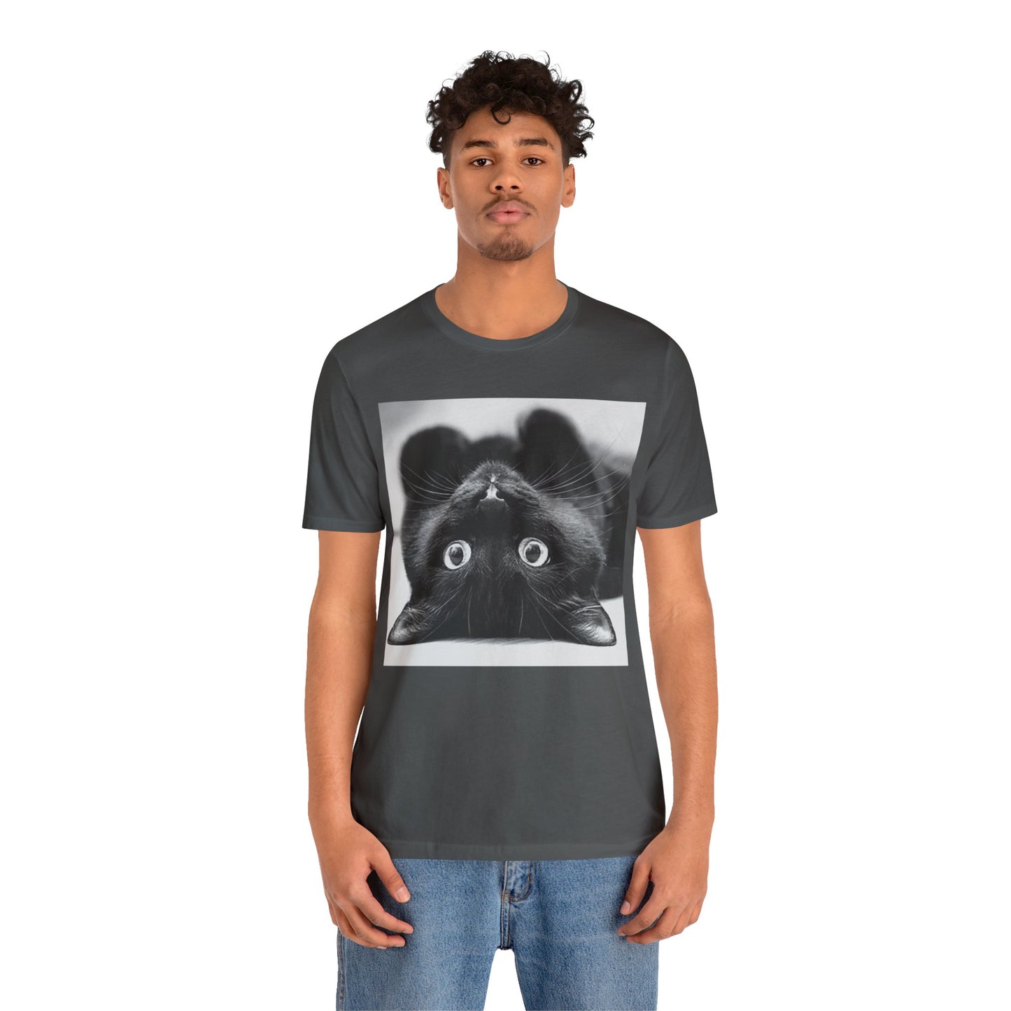 Playful Upside Down Black Cat Short Sleeve T-Shirt - Adorable Kitty Graphic Tee, Whimsical Animal Lover Shirt