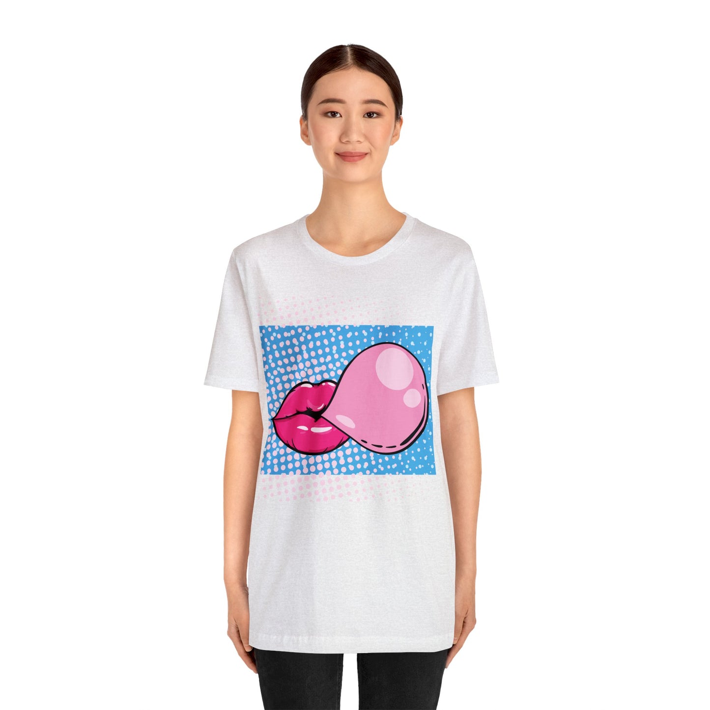 Pop Art Lips Blowing Bubble Short Sleeve T-Shirt - Colorful Graphic Tee, Retro Style Fashion Shirt