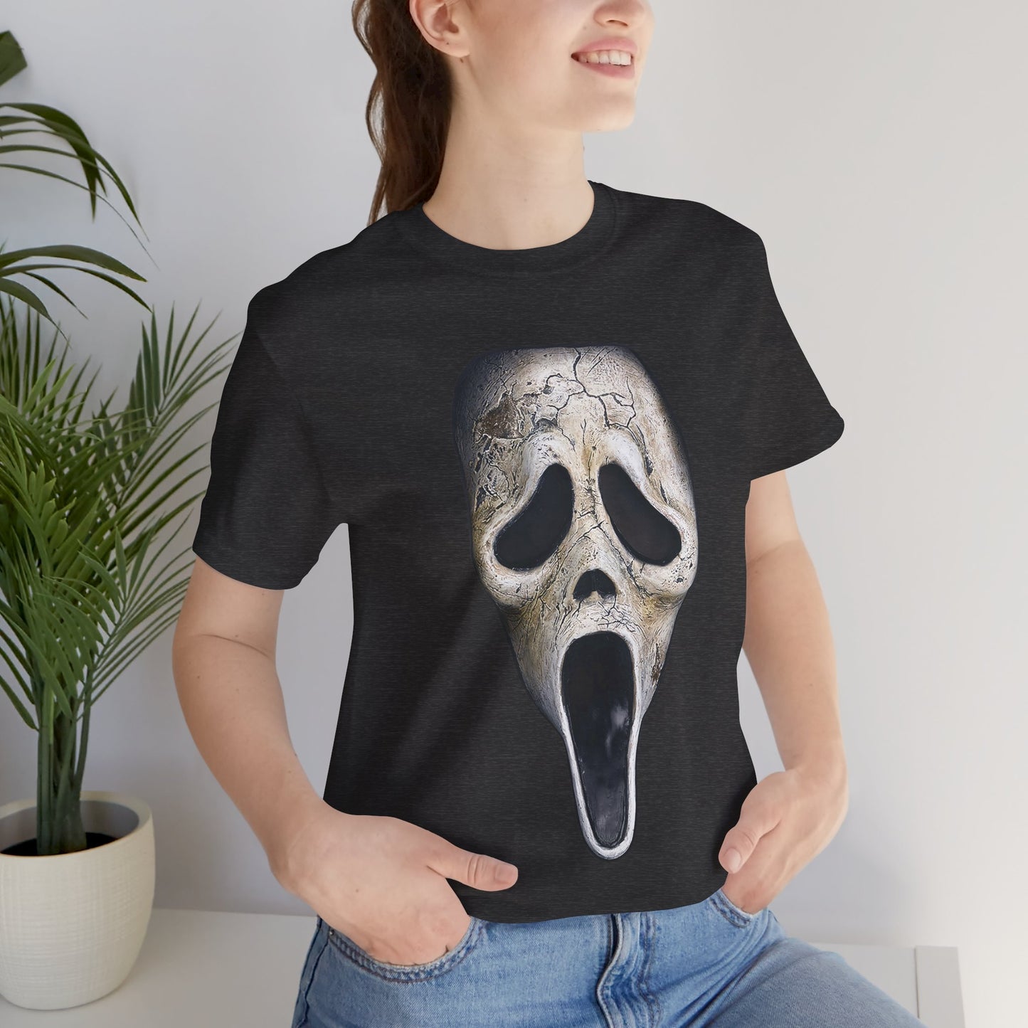 Halloween Aged Ghostface Mask Short Sleeve T-Shirt - Vintage Horror Icon Tee, Distressed Scream Movie Character Graphic Shirt