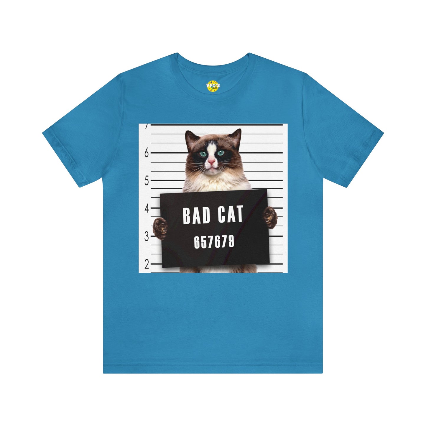 Bad Cat Mugshot Short Sleeve T-Shirt - Funny Cat Lover Tee, Playful Feline Graphic Shirt