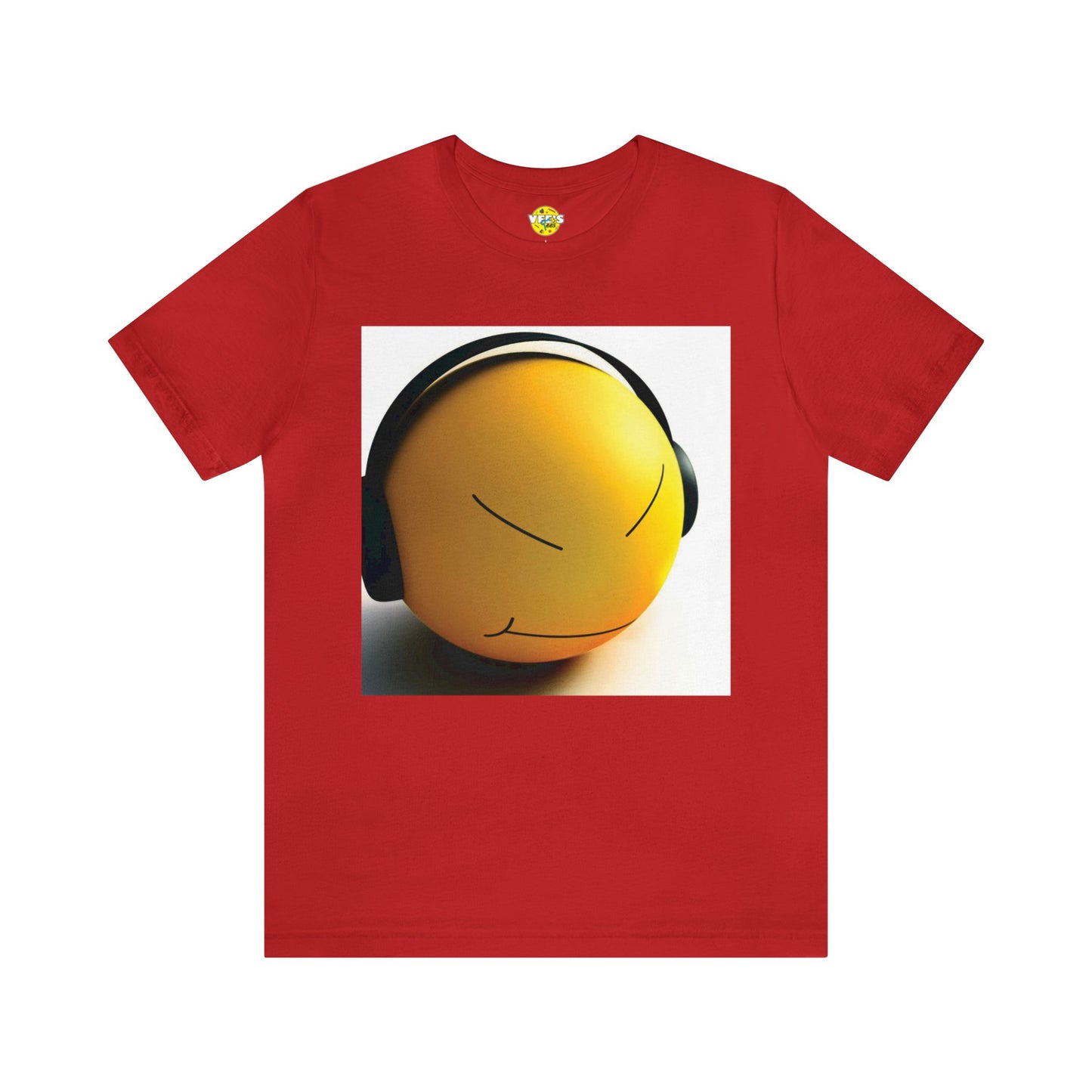 Yellow Smiley Stress Ball with Headphones Short Sleeve T-Shirt - Fun Graphic Tee, Playful Stress Reliever Shirt