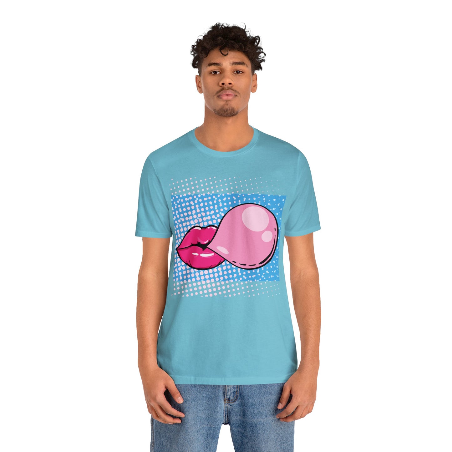 Pop Art Lips Blowing Bubble Short Sleeve T-Shirt - Colorful Graphic Tee, Retro Style Fashion Shirt